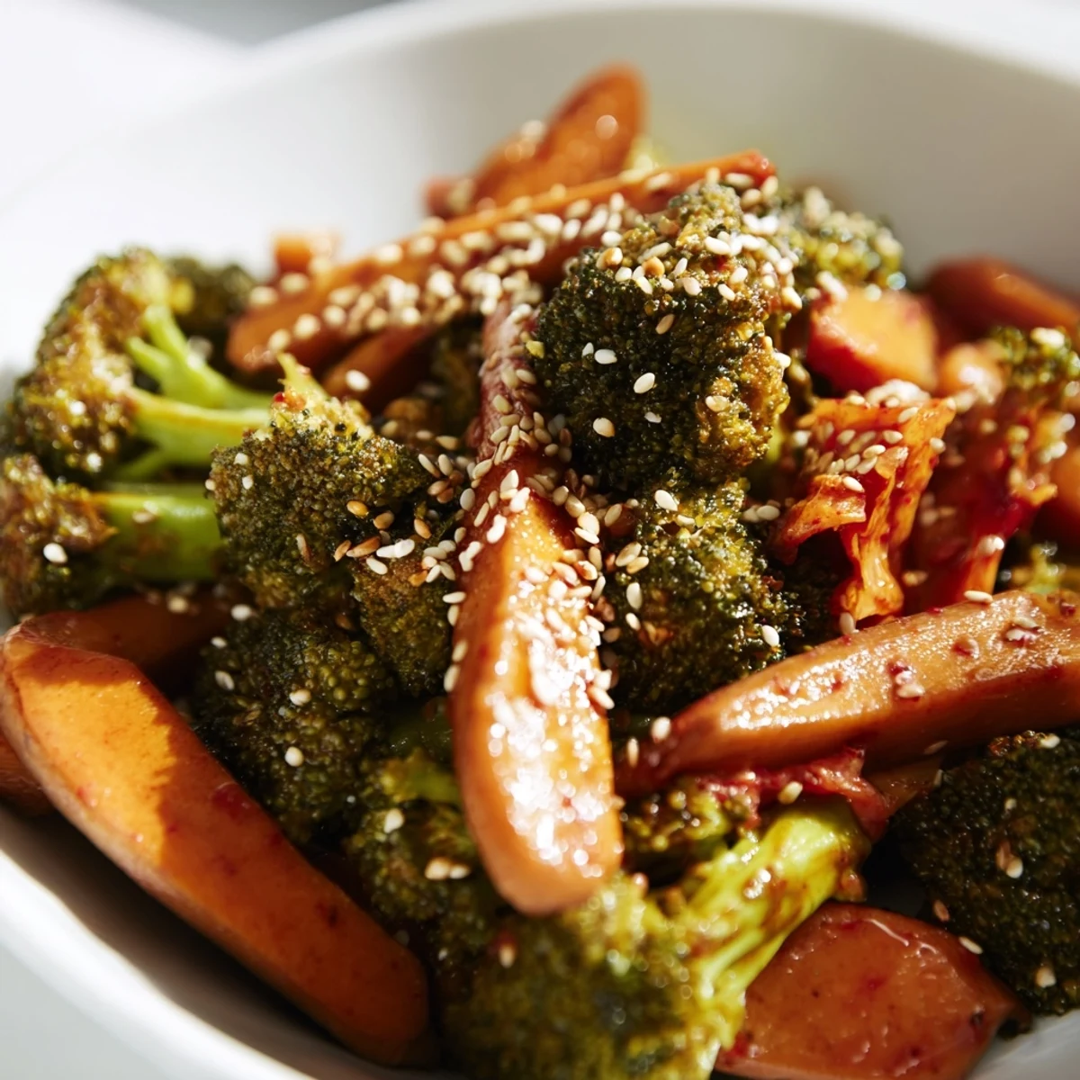 A vibrant photo shows the comforting fermented veggie winter stir-fry in a skillet, with colorful broccoli, carrots, and cabbage tossed with tangy red kimchi.