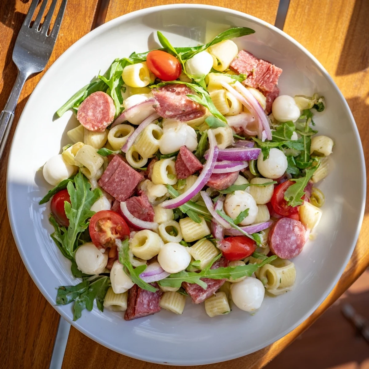 A vibrant bowl of Spring Antipasto Pasta Salad with ditalini, peppery arugula, salami, mozzarella pearls, and cherry tomatoes in a zesty vinaigrette.