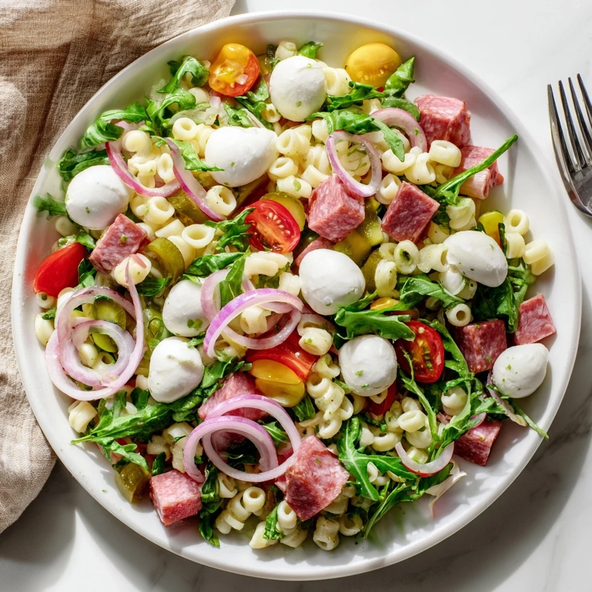 Close-up of Spring Antipasto Pasta Salad featuring creamy mozzarella, savory salami strips, and tangy pickled vegetables tossed with al dente ditalini pasta.