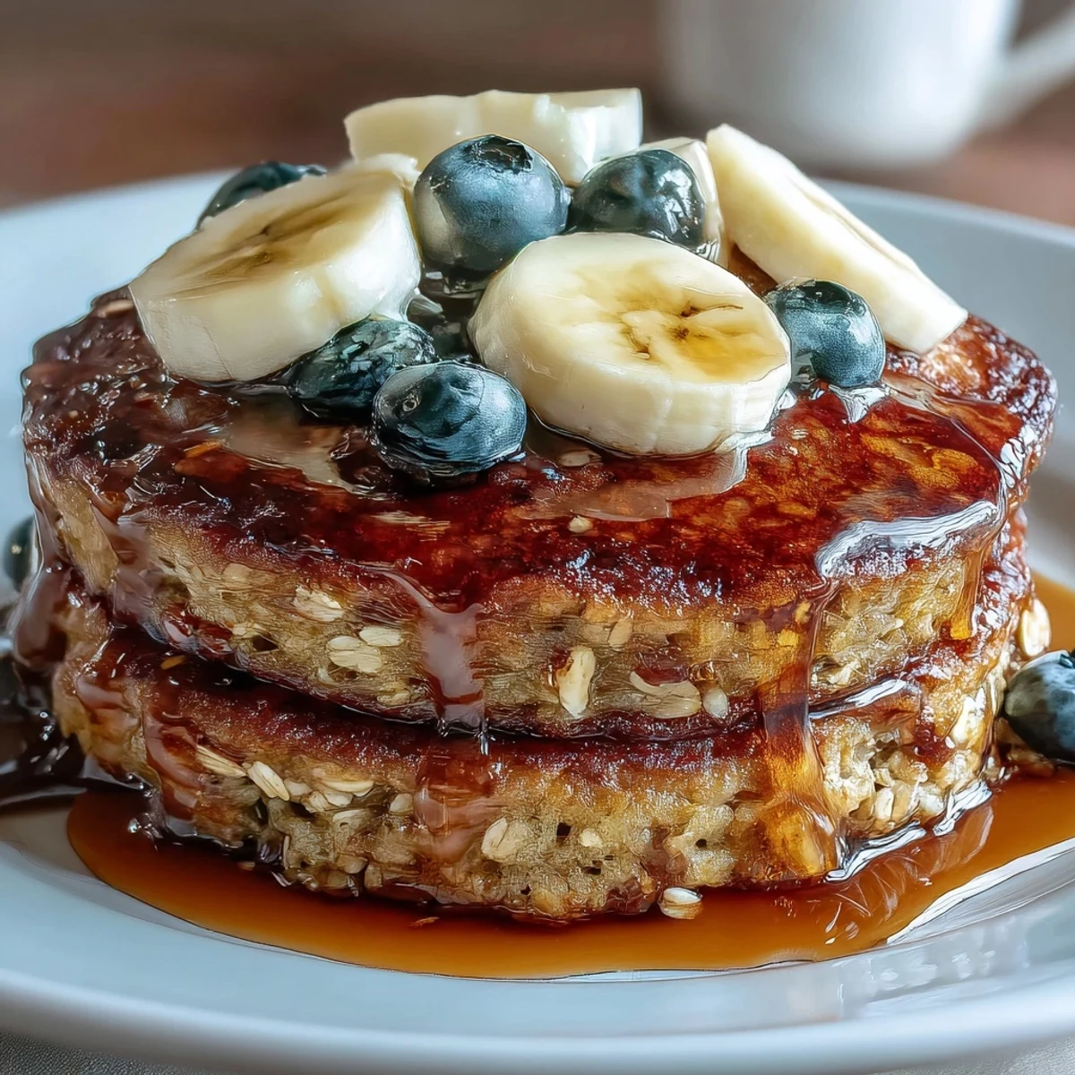 A close-up of golden-brown Banana Oat Pancakes topped with fresh banana slices and a dusting of cinnamon.  
