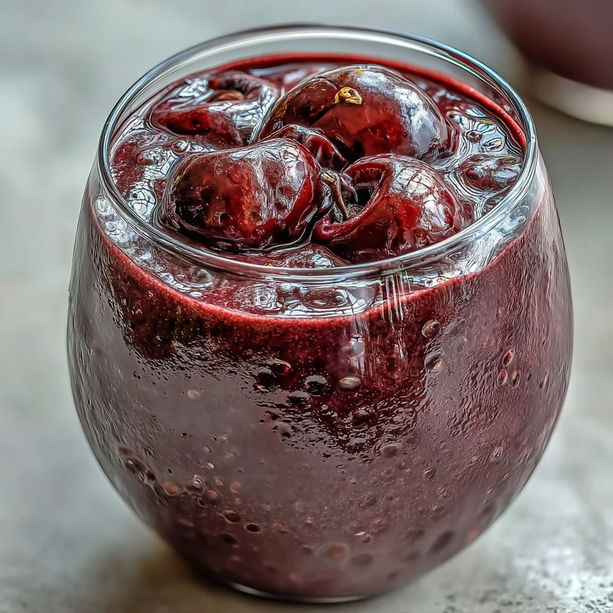A creamy, vibrant Cherry Almond Smoothie poured into a tall glass, ready for a refreshing breakfast.