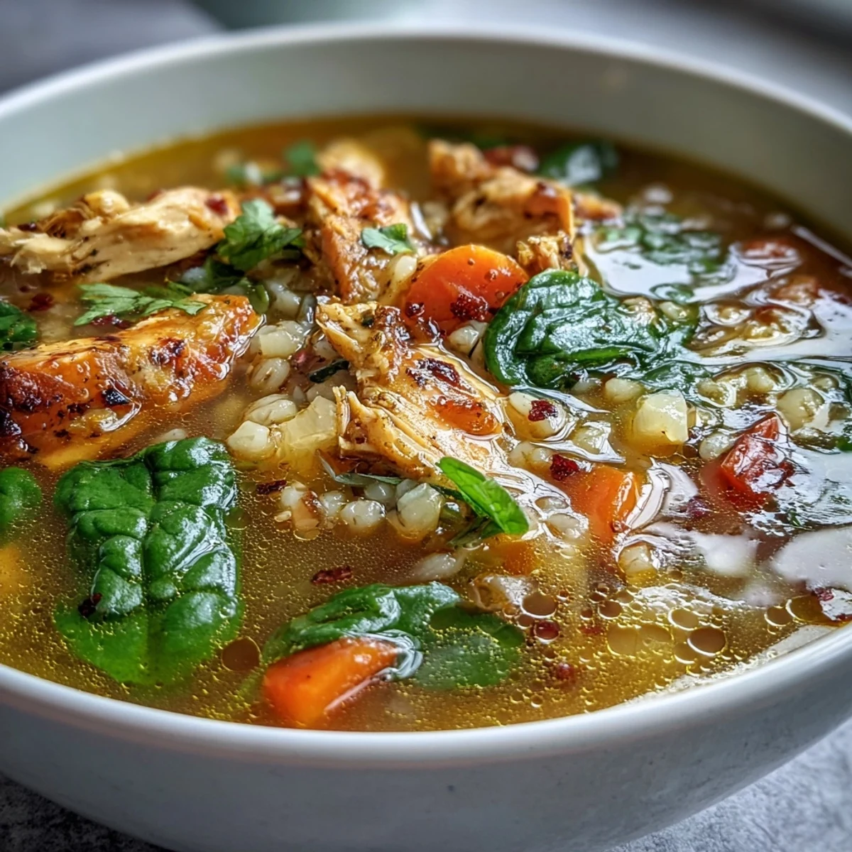 A steaming bowl of Soothing Turmeric Chicken With Pearl Barley, featuring tender chicken pieces, diced carrots, and vibrant green spinach swimming in a golden broth.