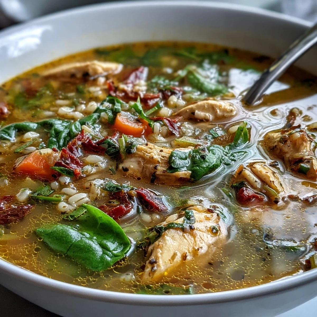 Close-up of a ladle serving Soothing Turmeric Chicken With Pearl Barley, revealing the rich yellow broth and hearty grains in a cozy kitchen setting.