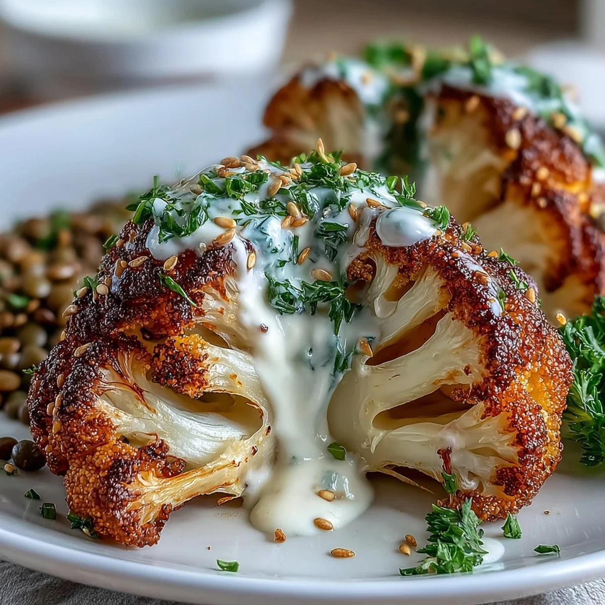 Golden roasted cauliflower florets, seasoned with cumin and smoked paprika, rest on a bed of vibrant lemon lentils and fresh parsley.