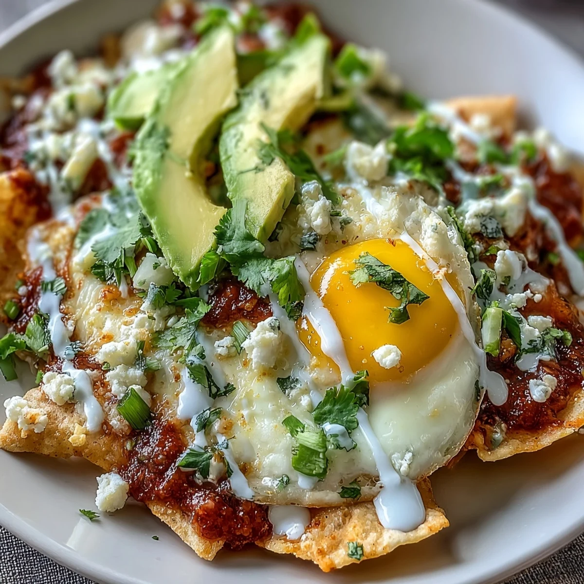 Crispy tortilla chips coated in zesty salsa verde, topped with a runny egg, fresh cilantro, and crumbled queso fresco on a rustic plate.  