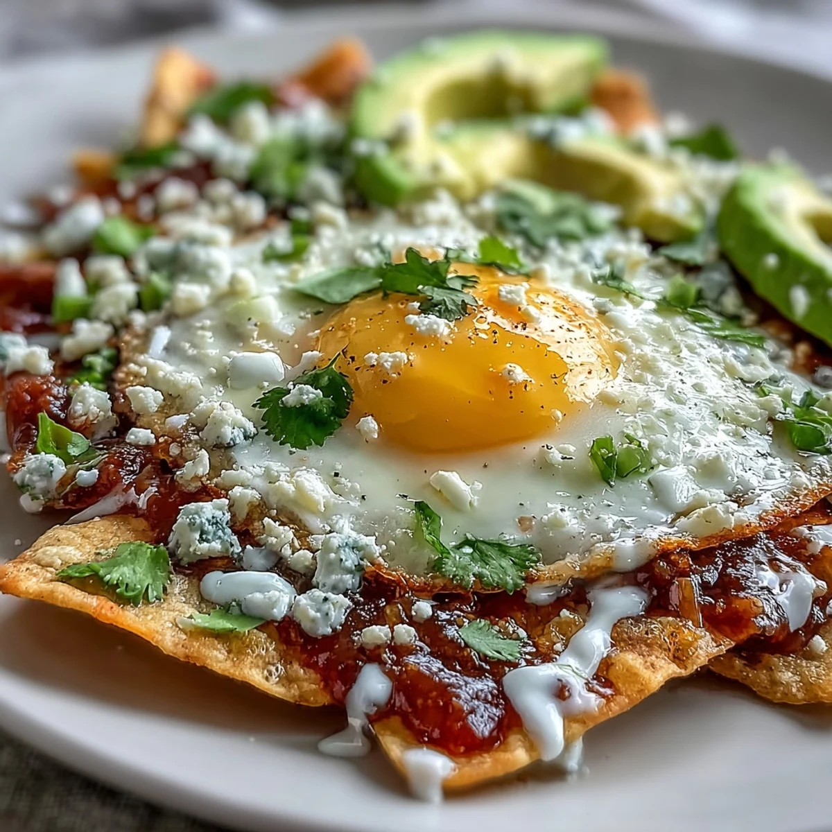 Golden-fried tortilla chips smothered in spicy salsa roja, crowned with a sunny-side-up egg and jalapeños for a savory morning meal.