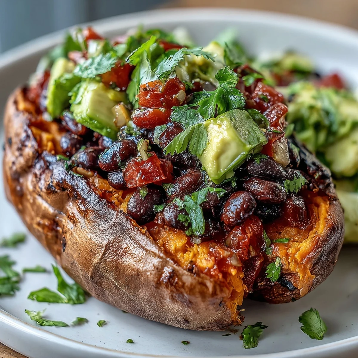 Colorful vegetarian bowl with creamy avocado slices, chopped cilantro, and a squeeze of lime juice.  