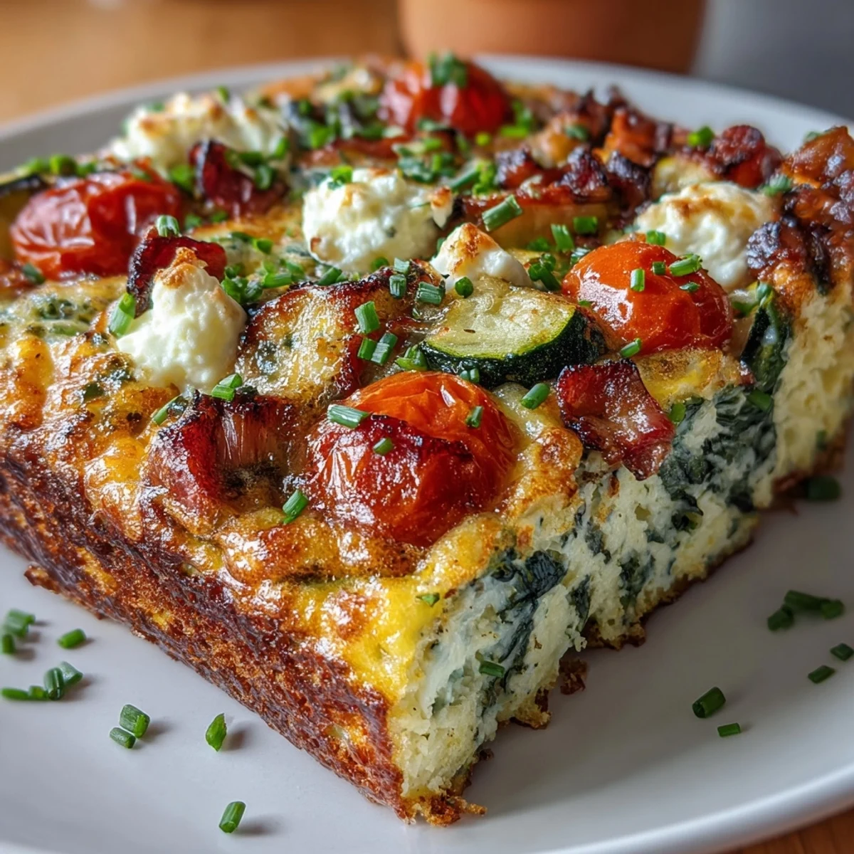 Evenly baked eggs with diced zucchini and onion, perfect for meal prep or a healthy breakfast.