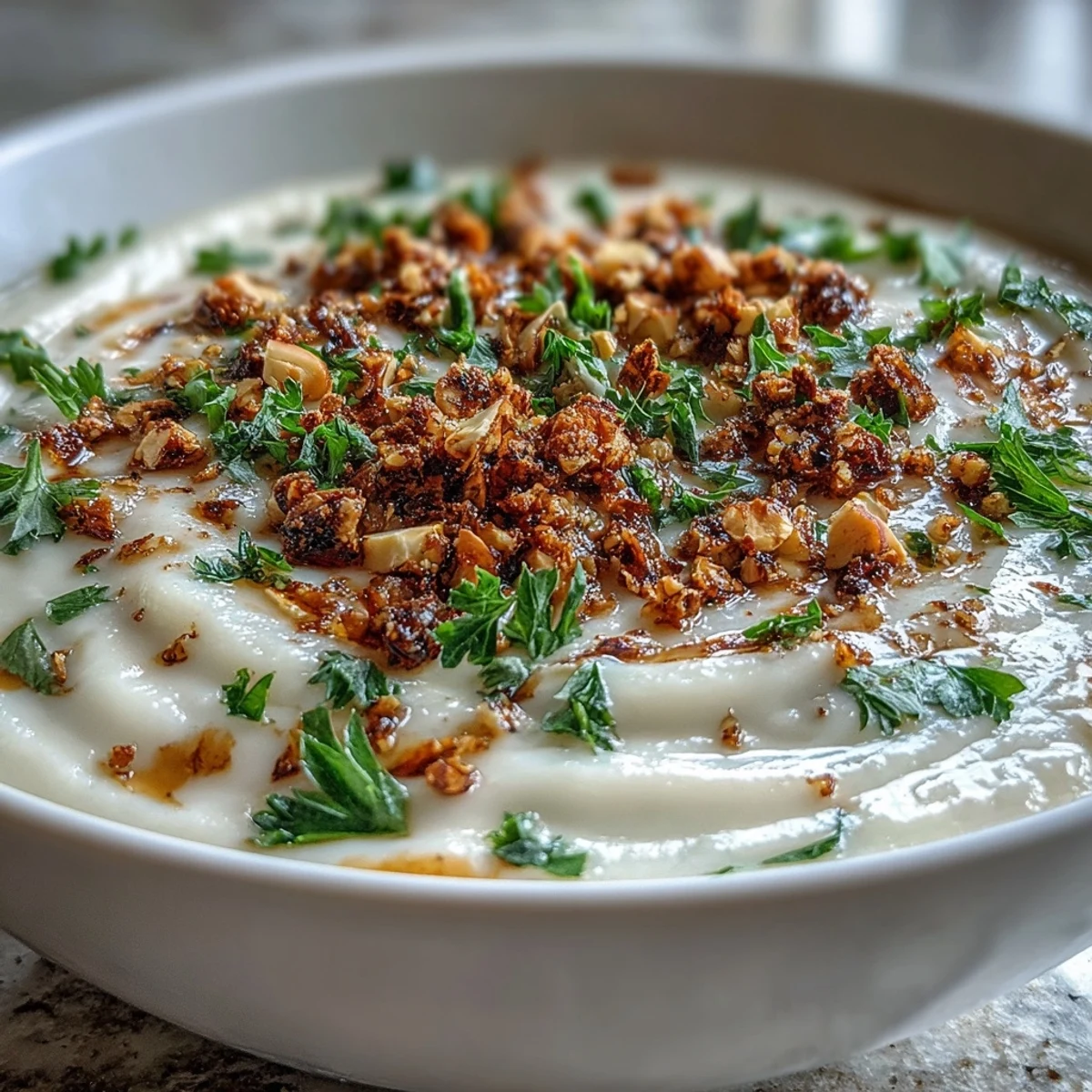 A bowl of creamy celeriac soup topped with toasted hazelnut crumble and fresh parsley, served with crusty bread on the side.