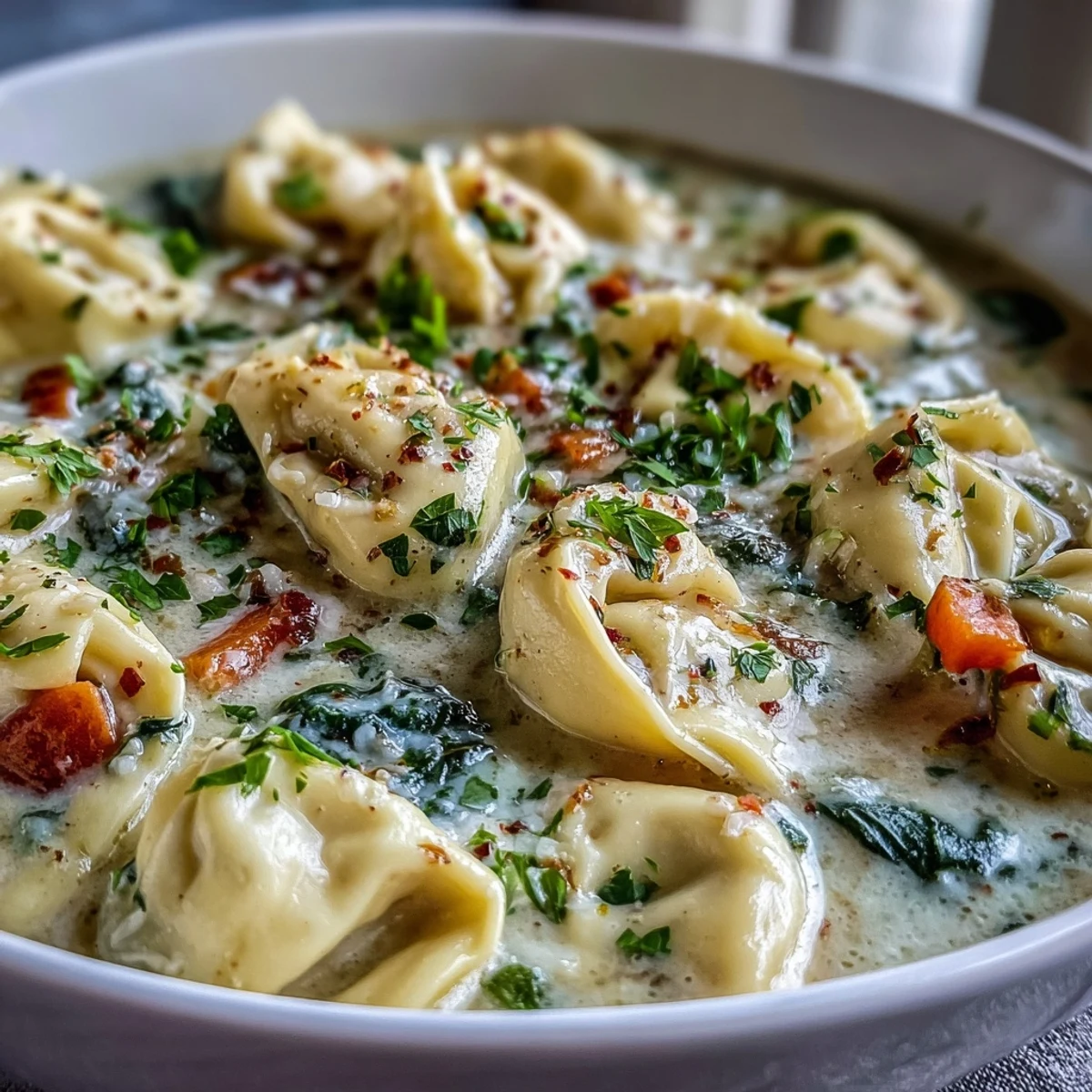Steaming Easy Tortellini Soup features cheesy tortellini, carrots, and spinach in a rich chicken broth, garnished with parsley.