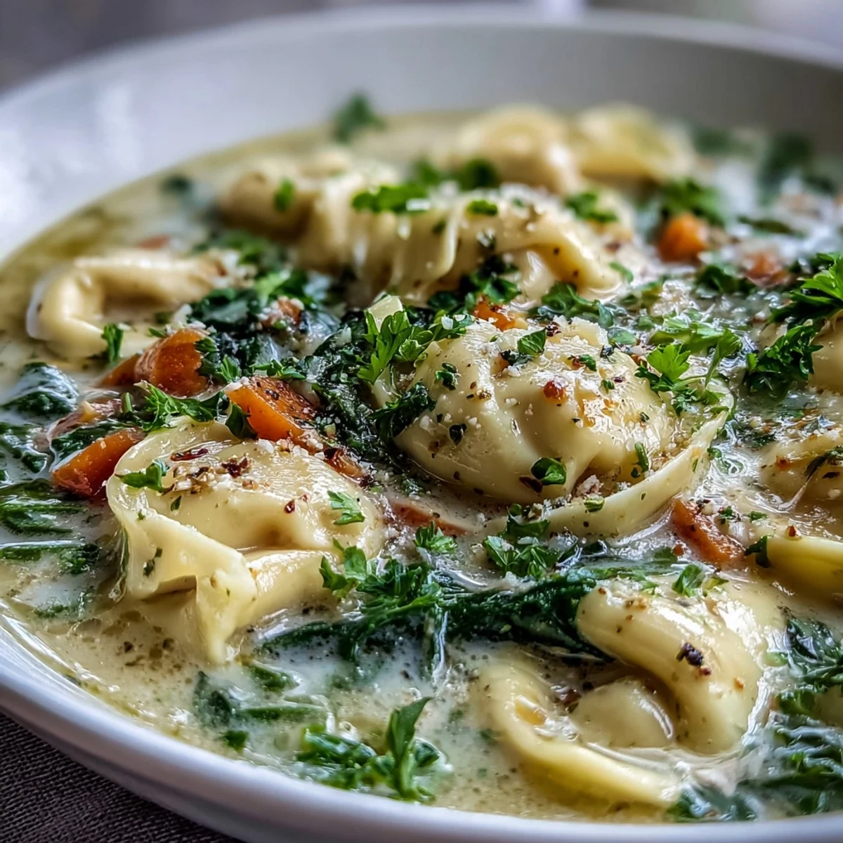Serving Easy Tortellini Soup in a rustic bowl, topped with grated Parmesan alongside crusty bread for dipping.