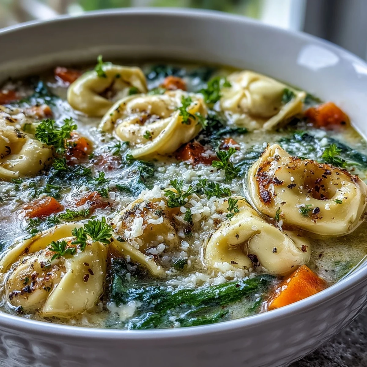 A warm bowl of Easy Tortellini Soup with creamy broth, tender pasta, and fresh herbs for a comforting meal.