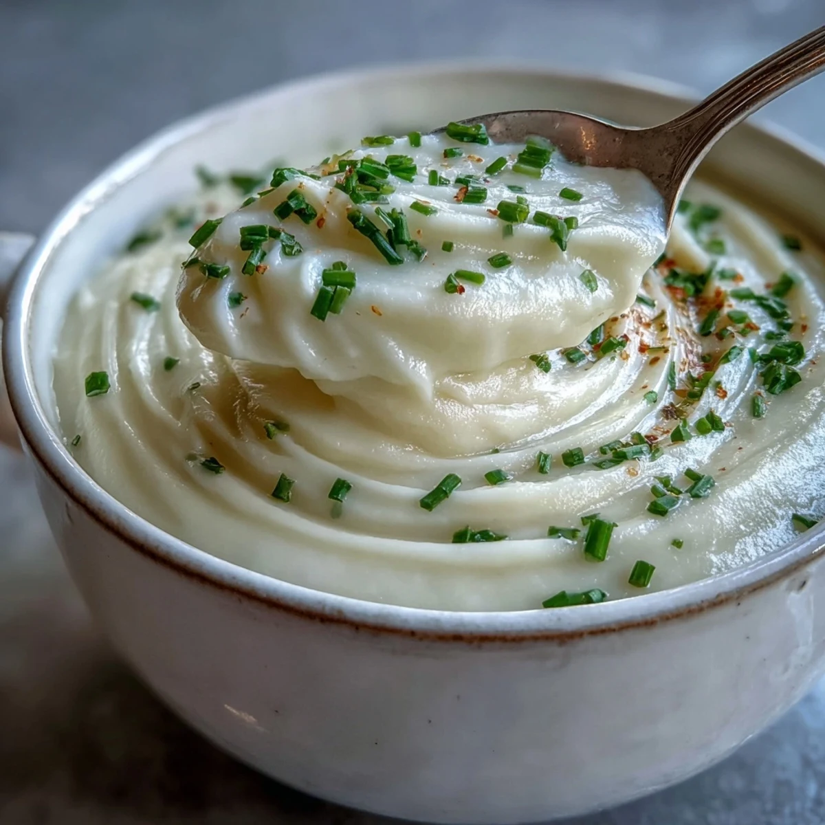 Warm Creamy Celery Root Bisque served in a rustic ceramic bowl beside crusty bread for dipping.