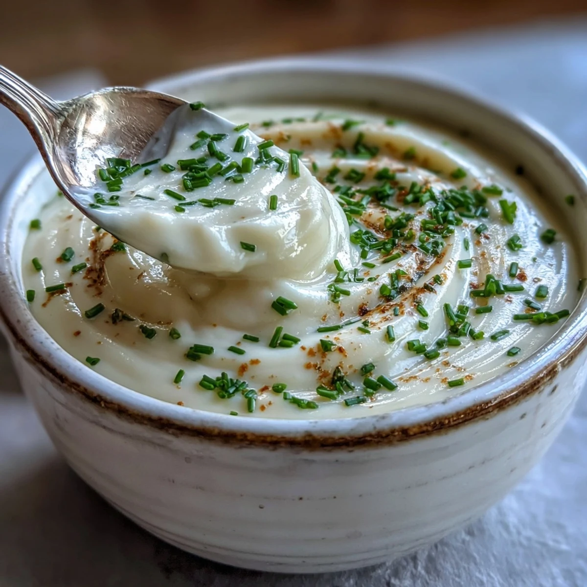 Elegant Creamy Celery Root Bisque with a smooth, pale texture and a drizzle of cream, ready to serve.