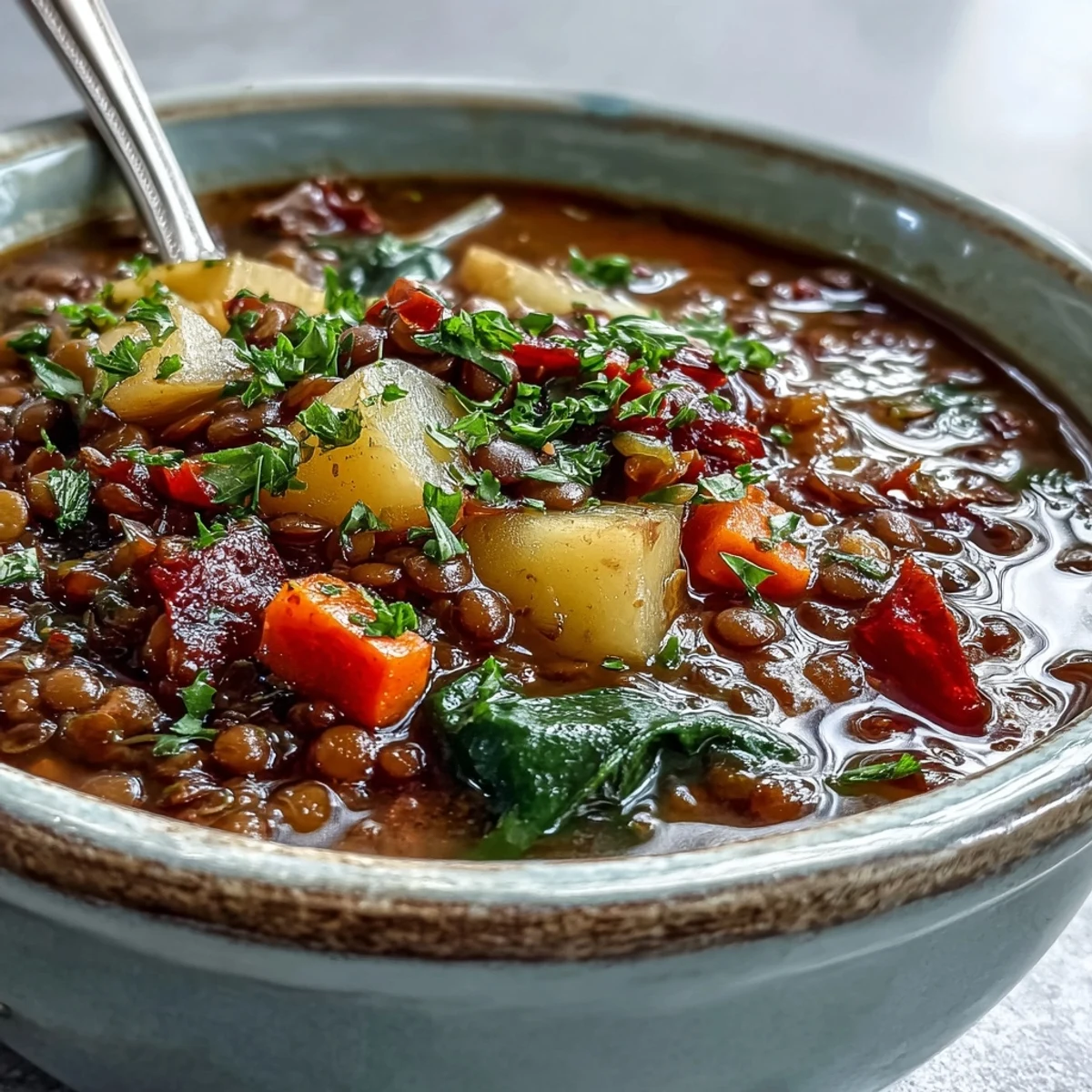 A steaming bowl of vegetarian lentil stew garnished with fresh parsley and lemon wedges, featuring tender lentils, carrots, and potatoes in a rich, aromatic broth.  
