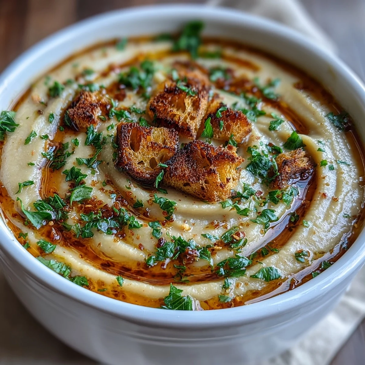 A close-up of creamy Roasted Garlic Soup in a rustic bowl, topped with fresh parsley and croutons, served alongside crusty bread.