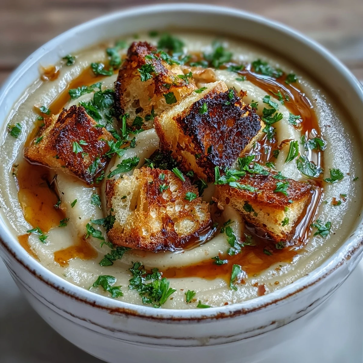 Rich, velvety Roasted Garlic Soup being poured from a pot into a warm ceramic bowl, steam rising with aromatic herbs.