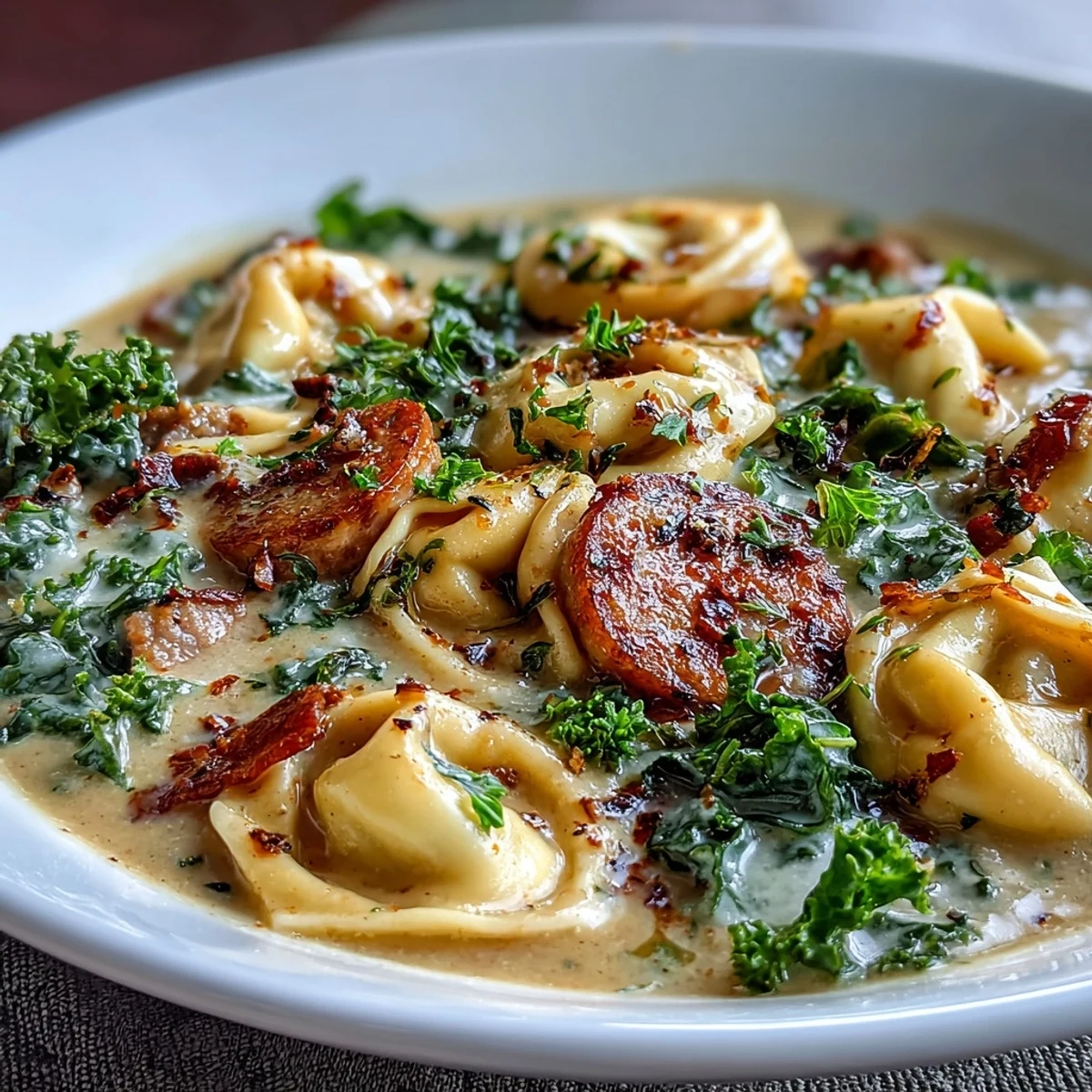 Creamy Pumpkin Tortellini Soup with chicken sausage and wilted kale served hot in a rustic bowl, garnished with Parmesan.