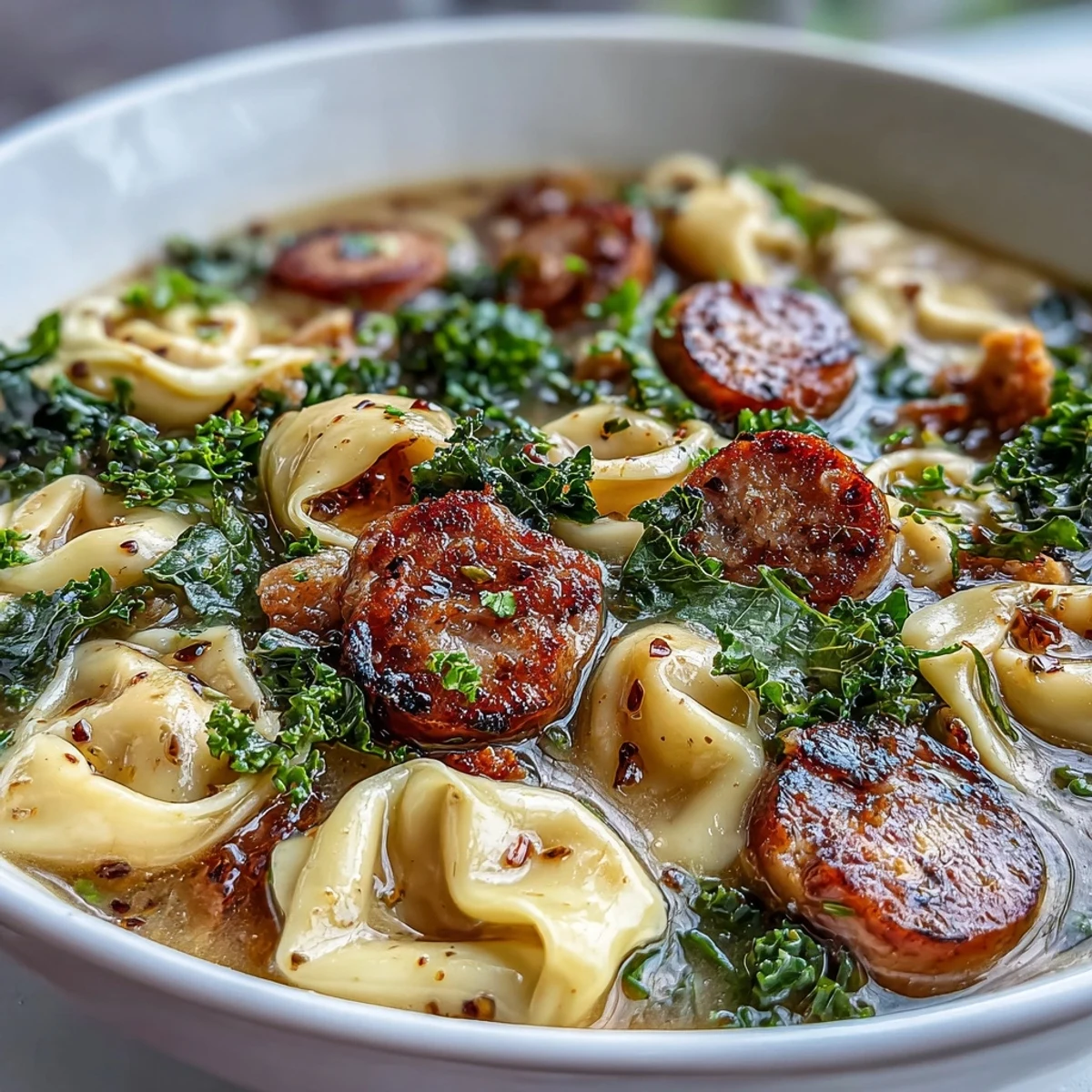 A steaming bowl of Pumpkin Tortellini Soup featuring sliced chicken sausage, tender kale, and cheesy tortellini, ready to enjoy.