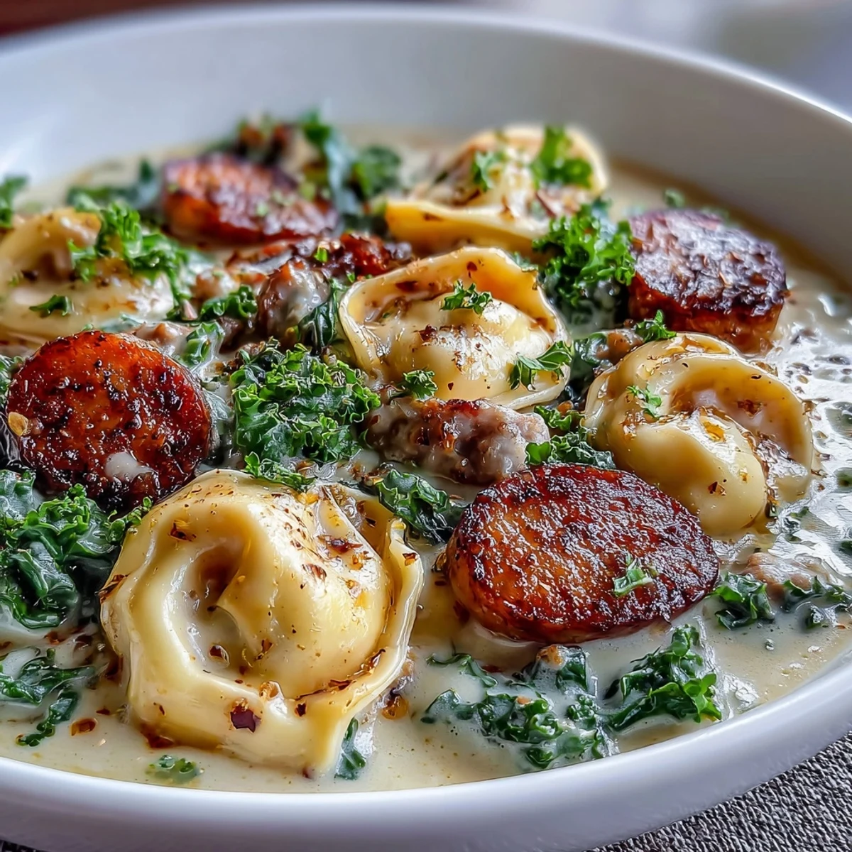 Close-up of Pumpkin Tortellini Soup showing creamy orange broth, colorful kale, and golden chicken sausage, perfect for fall.