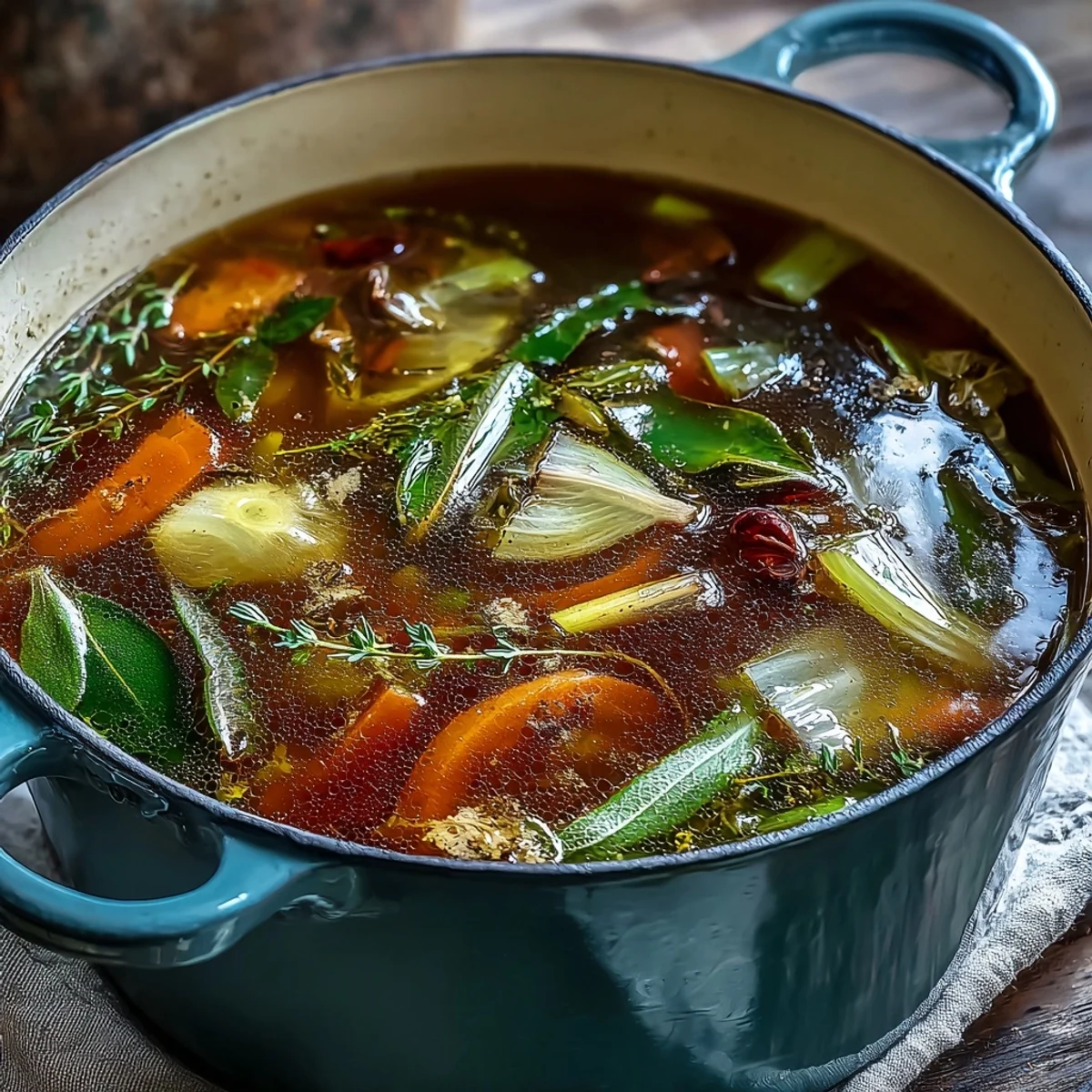 Homemade Vegetable Broth From Scraps simmering in a pot with onion skins, celery ends, and fresh thyme sprigs for a nourishing, low-sodium soup base.