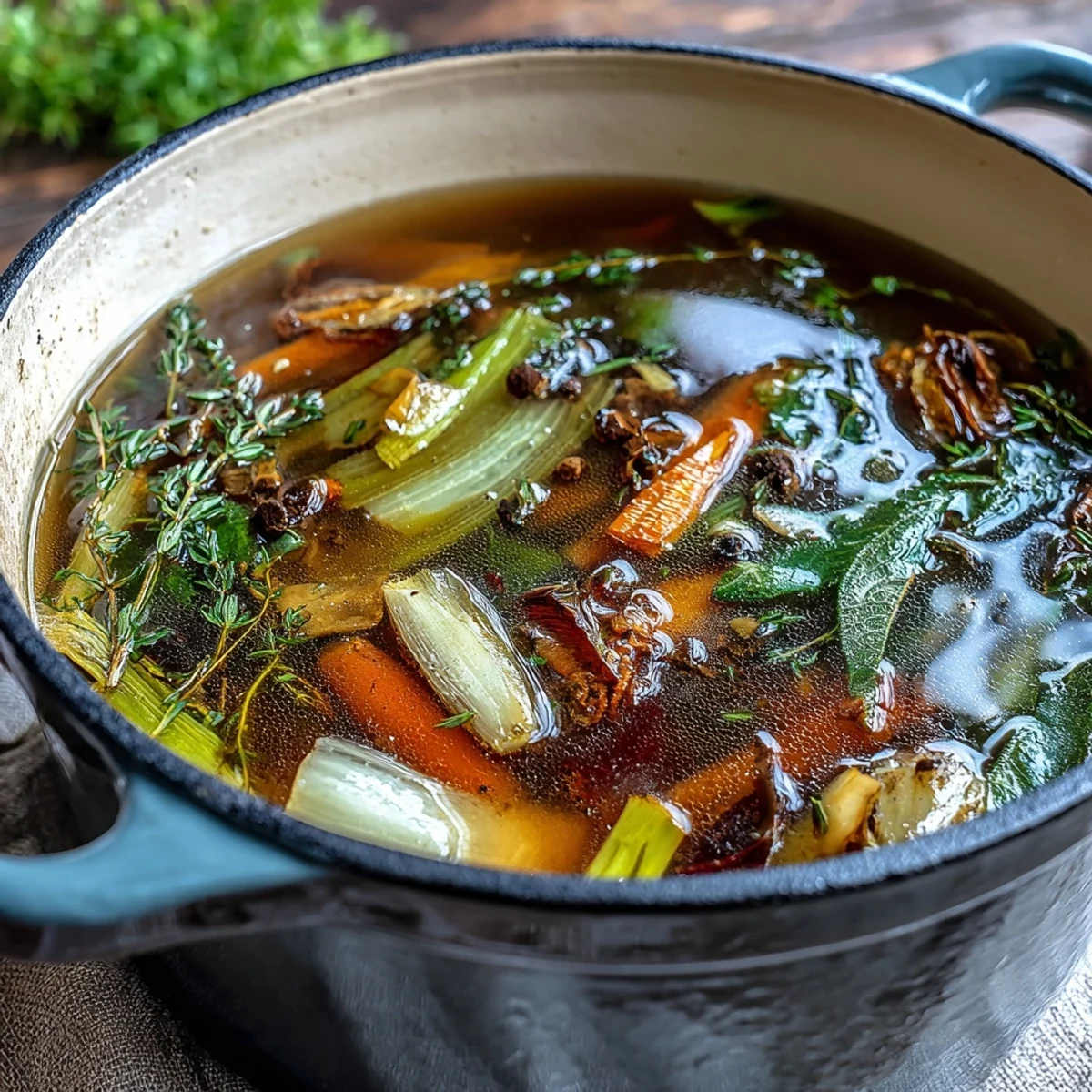 Close-up of strained golden Vegetable Broth From Scraps in a glass jar, showcasing a clear, aromatic liquid perfect for sipping or cooking.