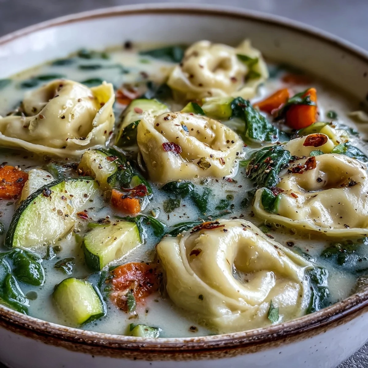 Creamy Vegetable Tortellini Soup steaming in a white bowl with a golden swirl of cream, fresh basil, and grated Parmesan.