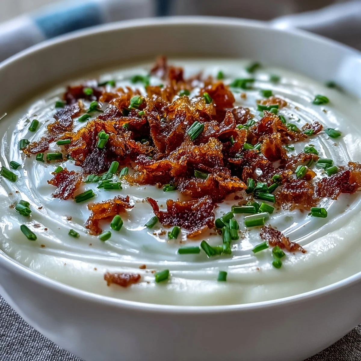 Creamy Celeriac Soup with Crispy Bacon served steaming hot in a rustic bowl, garnished with golden bacon crumbles and fresh chives.