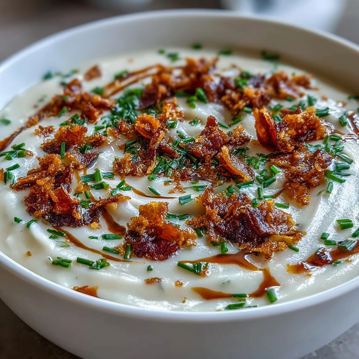 Close-up on Creamy Celeriac Soup with Crispy Bacon, showing velvety texture and crunchy bacon topping, ready to serve.