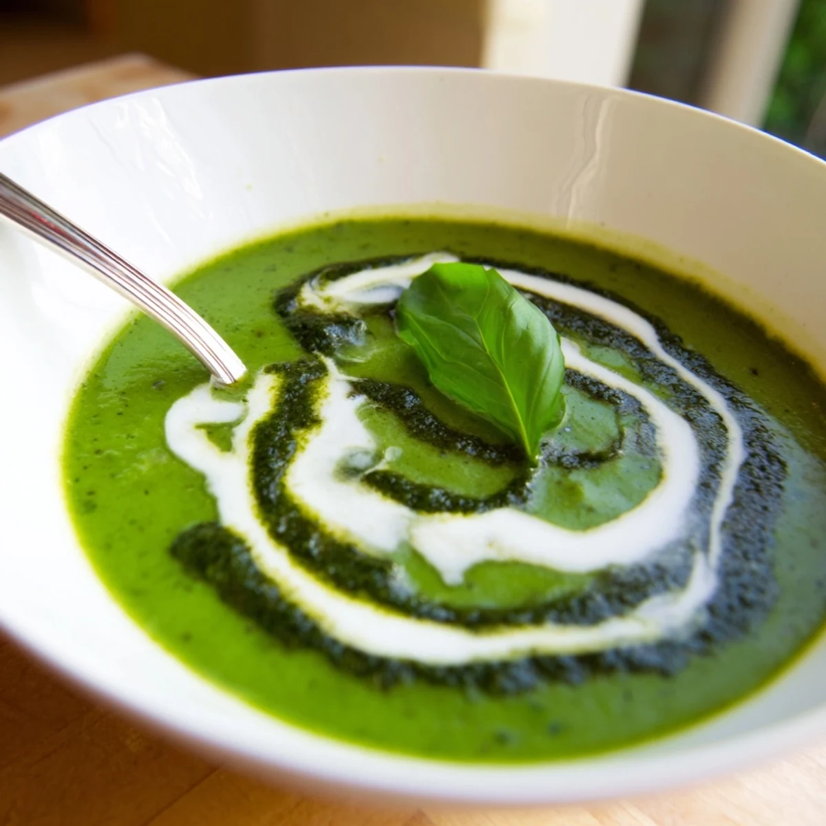 A vibrant bowl of Courgette, Pea and Pesto Soup swirled with fresh basil pesto and a dollop of creamy crème fraîche.