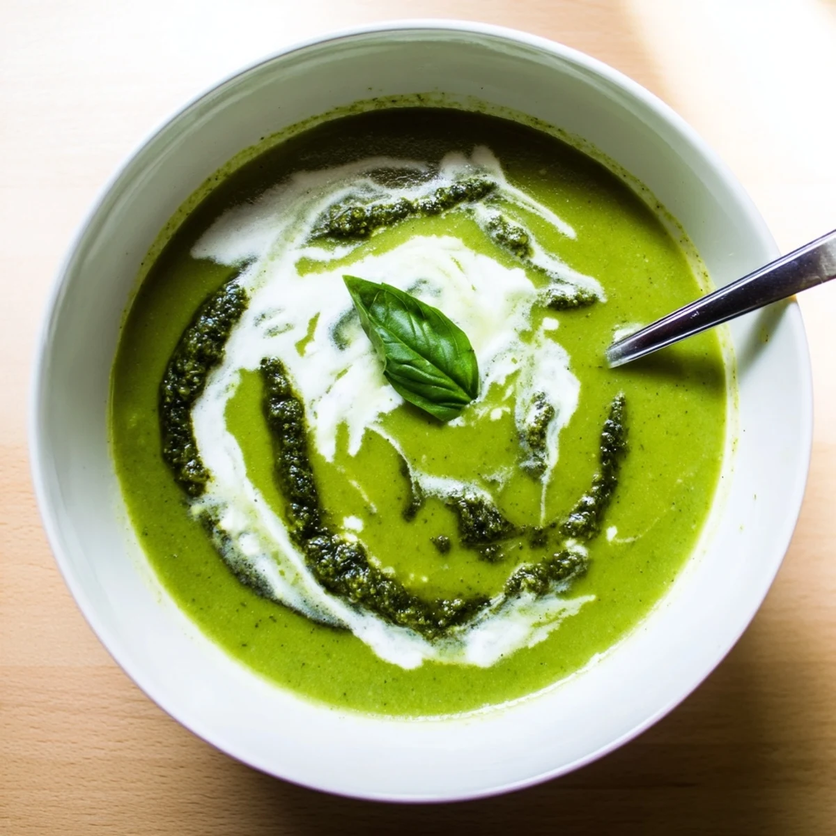 Steaming Courgette, Pea and Pesto Soup served in a rustic ceramic bowl with fresh basil leaves on top.