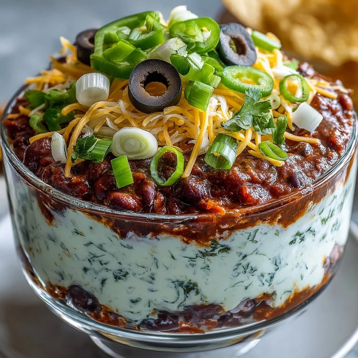 Freshly made 4-Way Layered Dip with refried beans, creamy sour cream, chunky salsa, and melted cheddar.