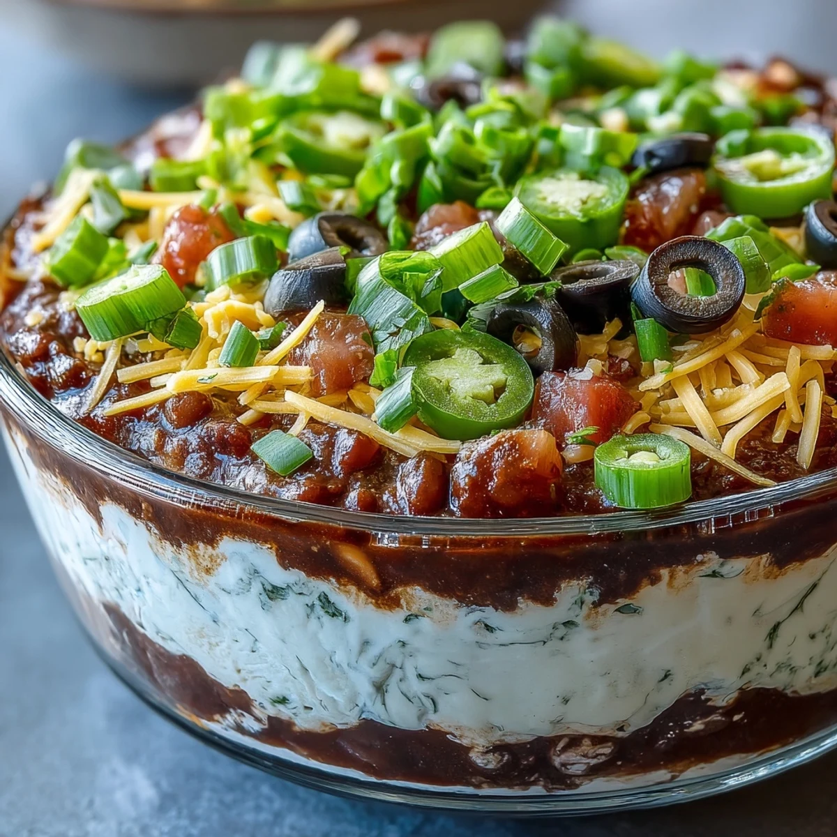 Classic 4-Way Layered Dip served with crunchy tortilla chips for a festive party appetizer.