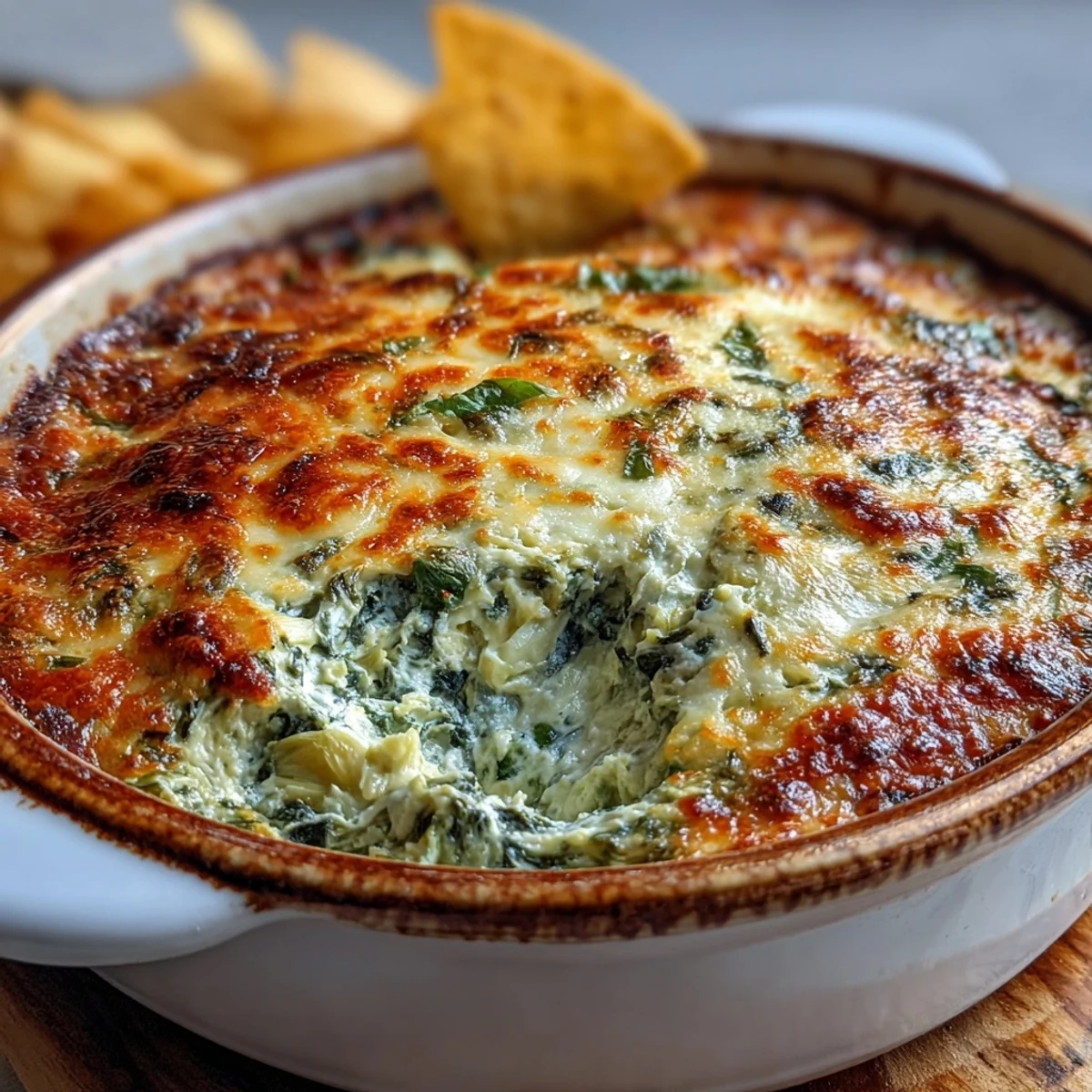 Golden, bubbly Spinach Artichoke Dip fresh from the oven, served warm in a baking dish with crunchy tortilla chips for dipping.