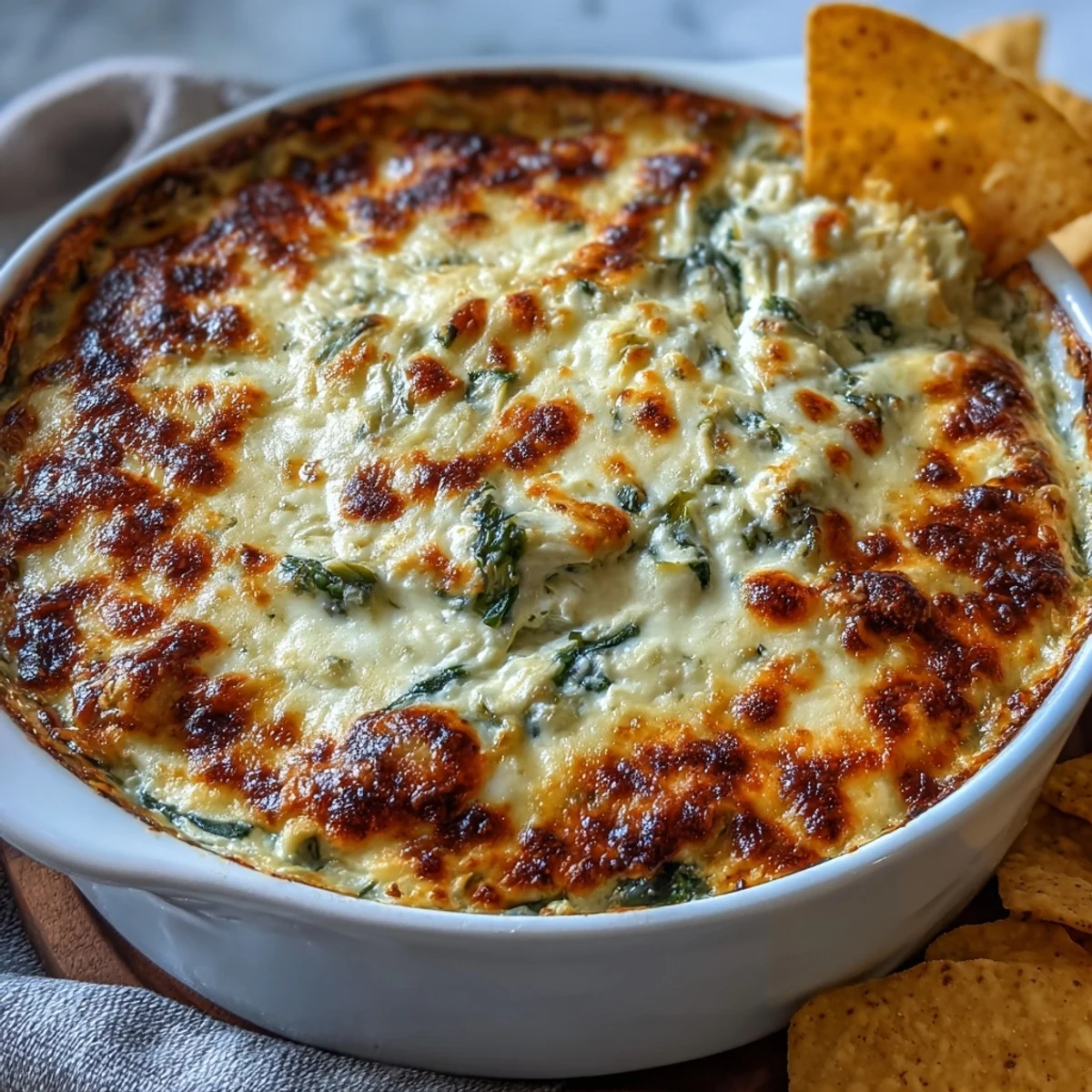 Homemade Spinach Artichoke Dip with golden cheese crust, bubbling in a dish, ideal for game day parties and gatherings.