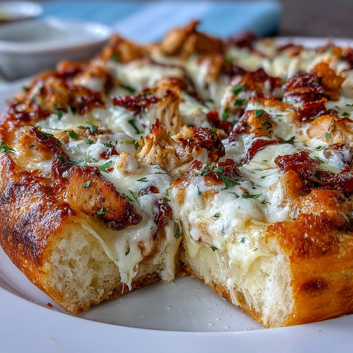 Golden-baked Marry Me Chicken Pizza features creamy chicken, sun-dried tomatoes, and melted mozzarella on a crispy crust.
