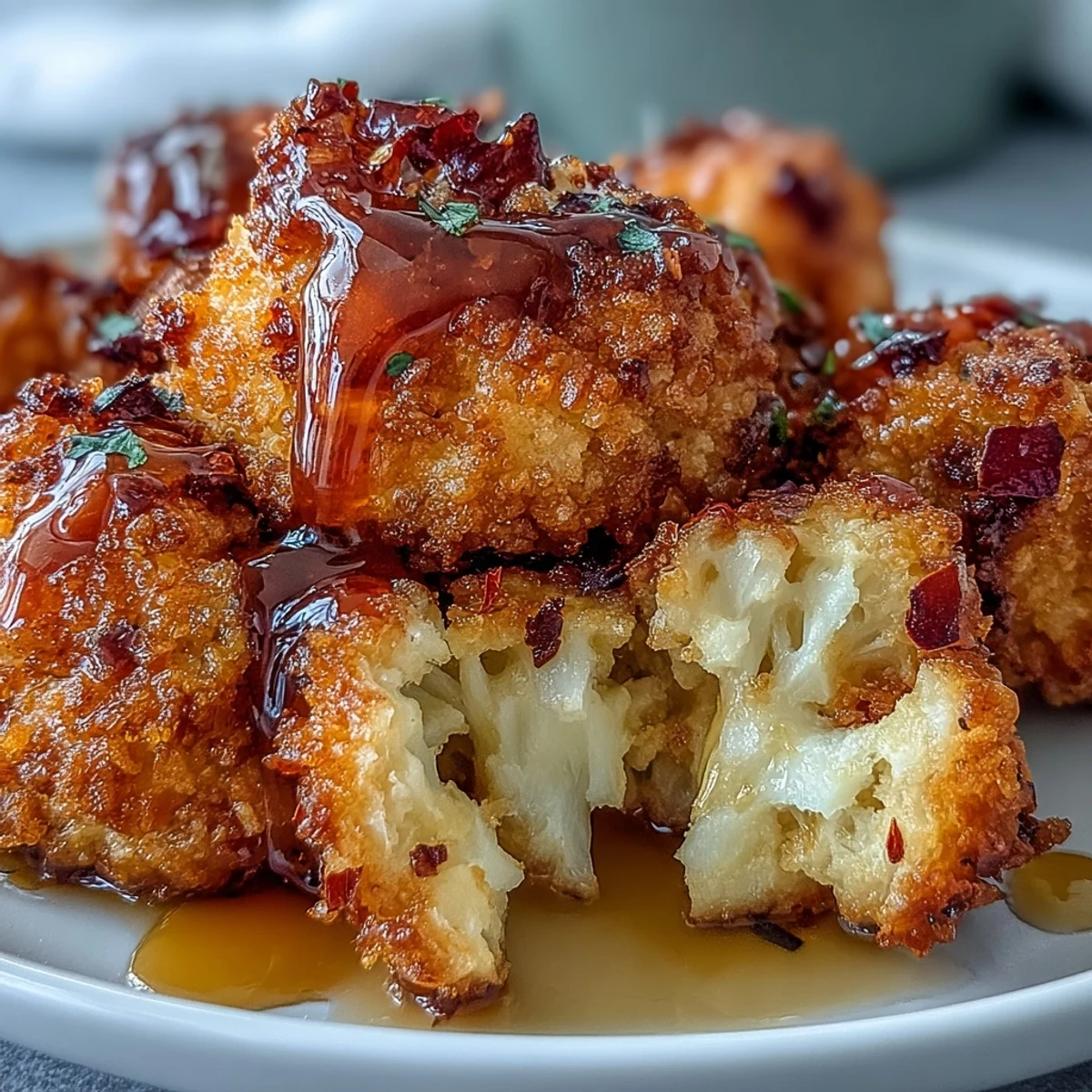 Spicy glazed Crunchy Baked Hot Honey Cauliflower appetizer with ranch dip nearby.