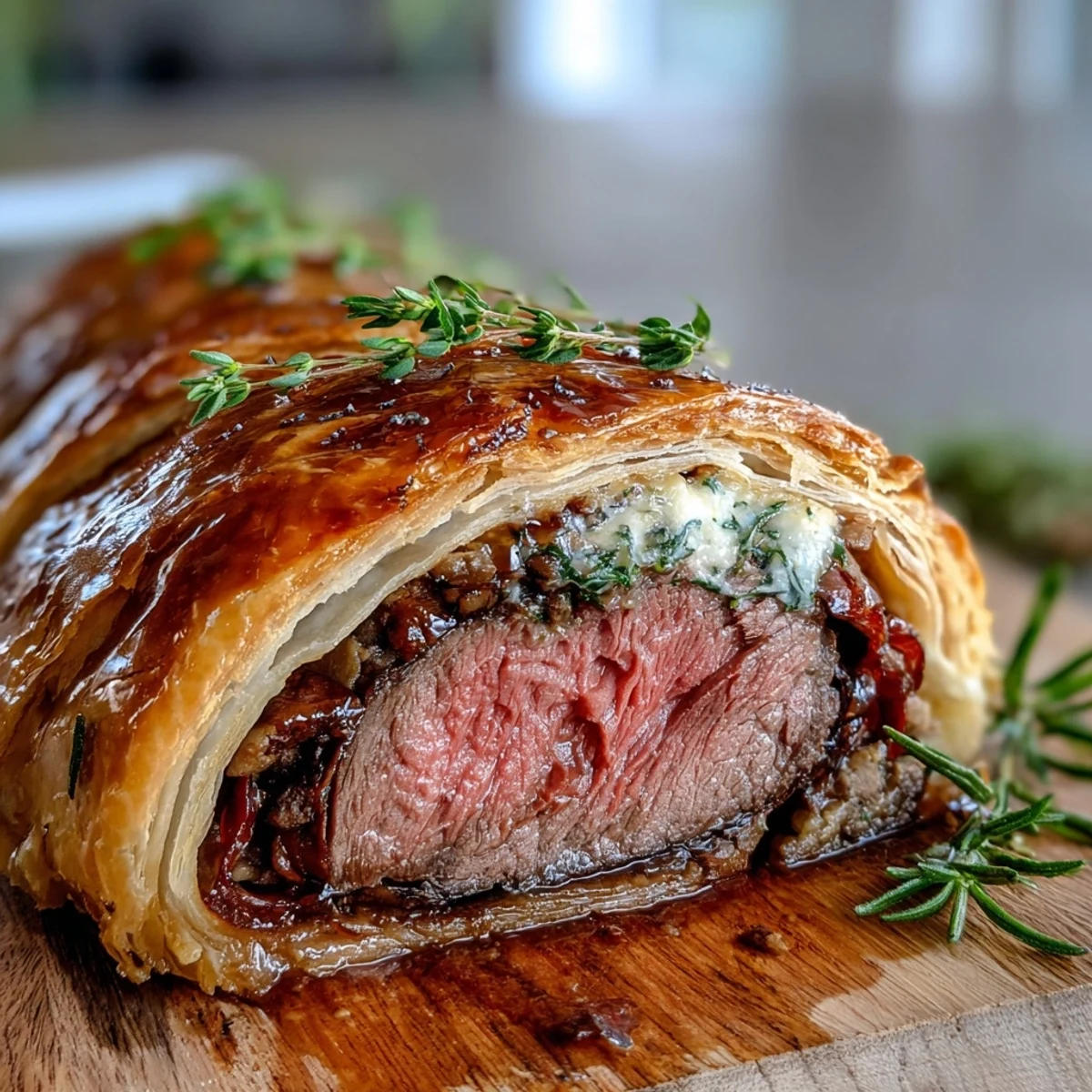 Perfectly seared beef tenderloin coated in mustard, wrapped in prosciutto and mushroom duxelles, and encased in golden puff pastry.