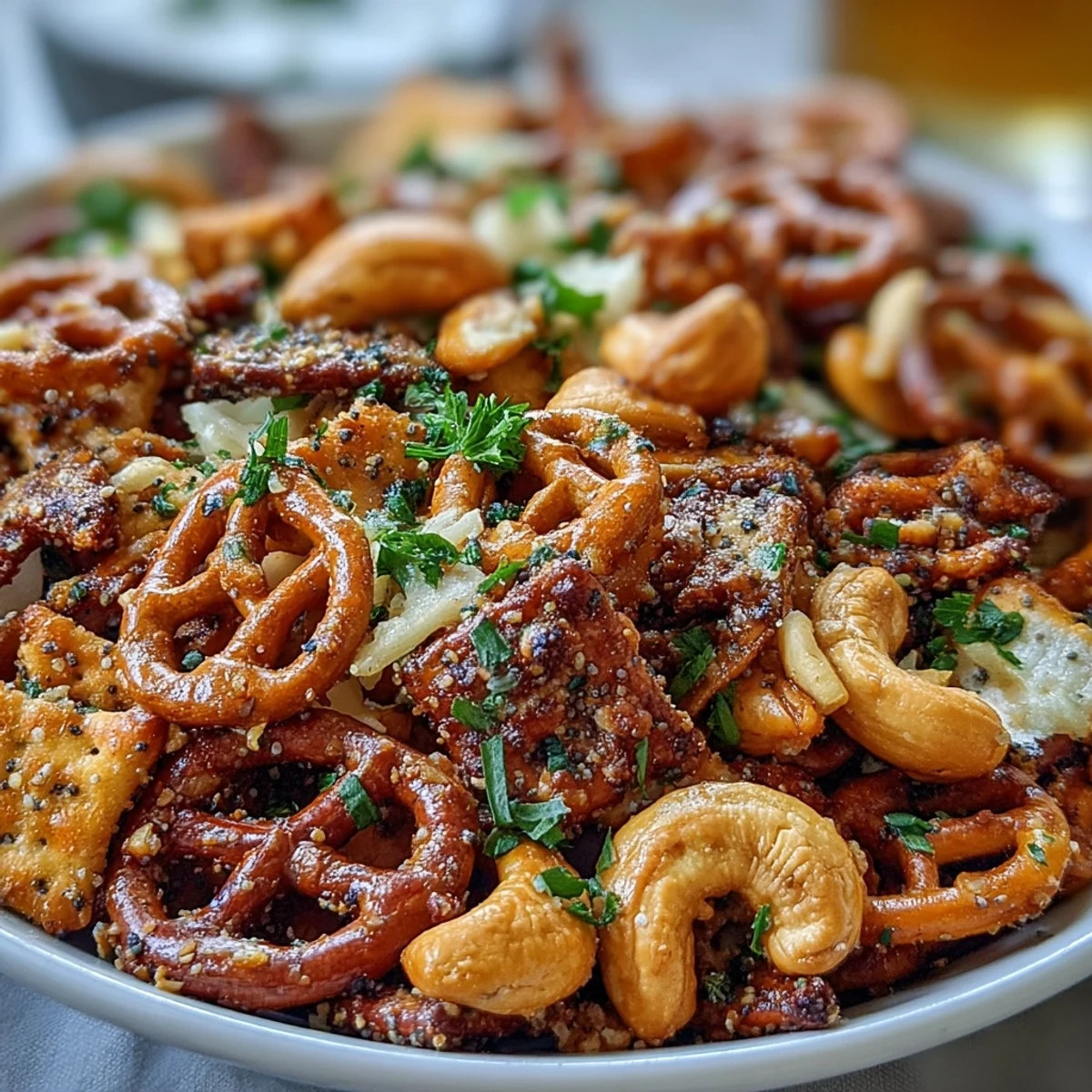 Close-up of Everything Ranch Cheese and Pretzel Snack Mix with melted cheddar bits and glossy seasoning, served in a white ceramic bowl for an irresistible snacking experience.