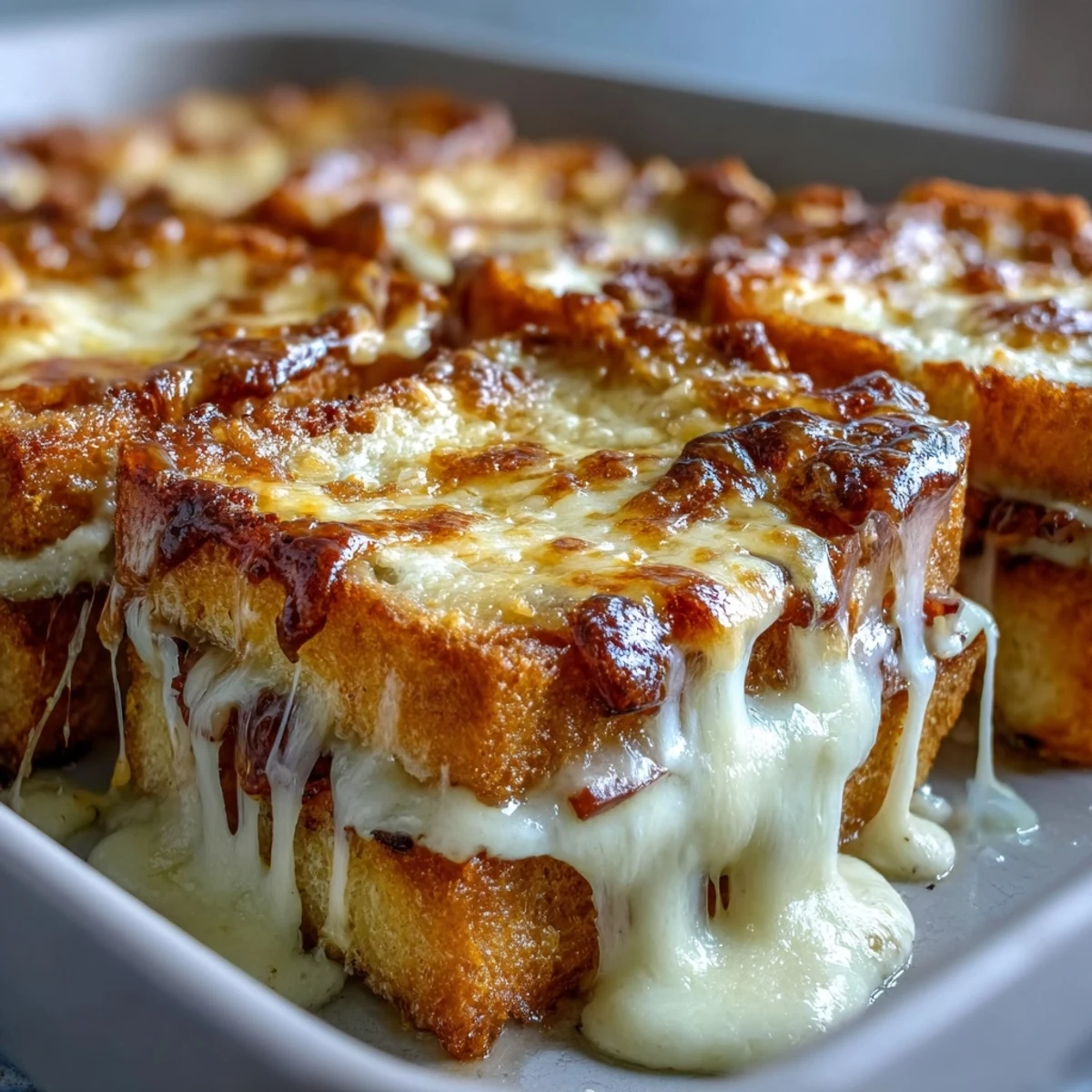 Golden, puffed Croque Monsieur Casserole fresh from the oven with bubbly Gruyère cheese topping.
