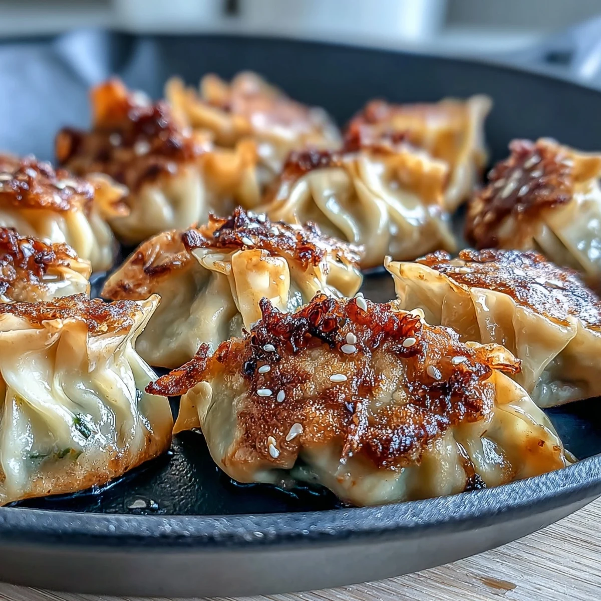 Golden-brown smash dumplings sizzling in a skillet, with crispy edges and a savory pork filling ready to serve.
