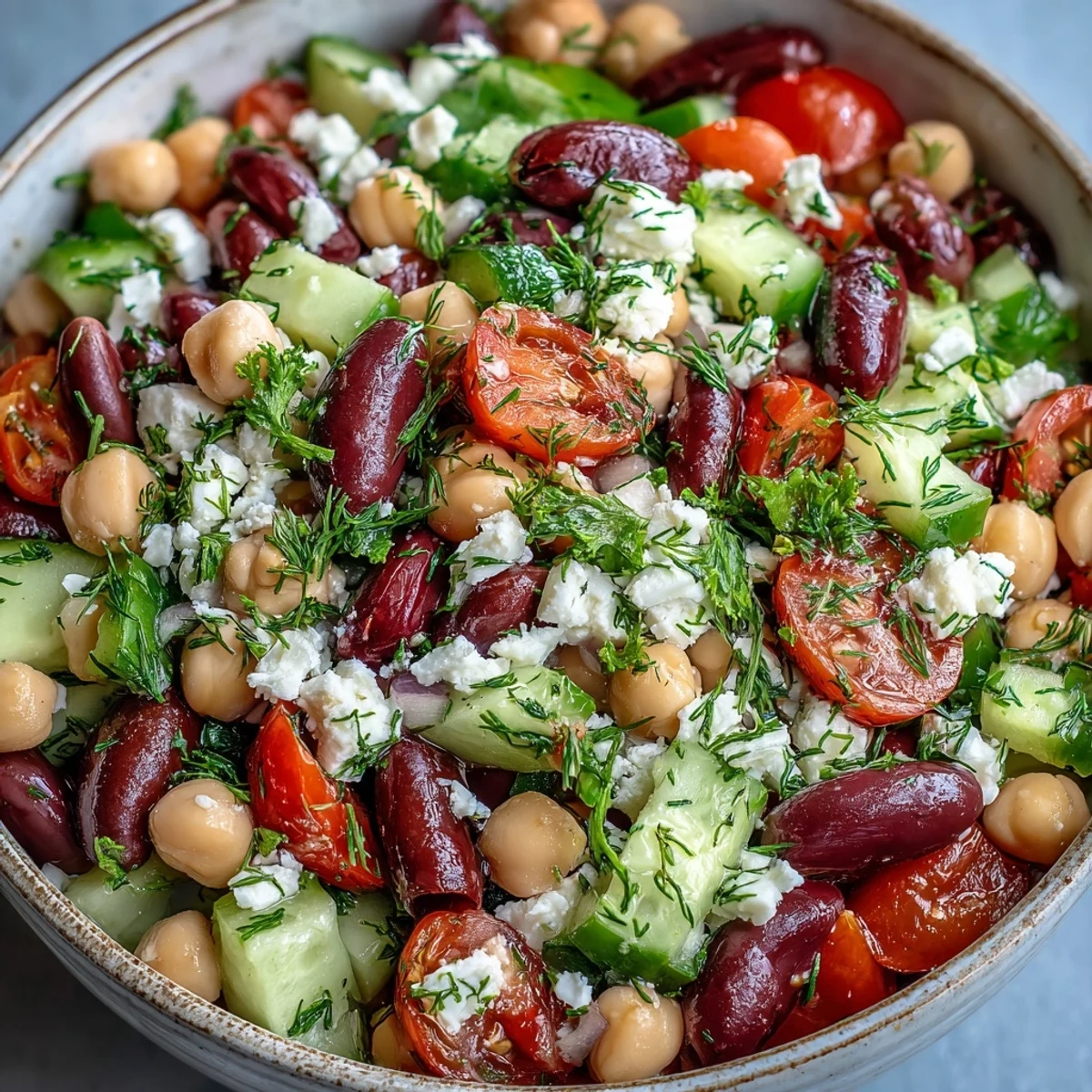 Bright Mediterranean Greek Bean Salad in a white bowl with lemony dressing, fresh tomatoes, cucumber, and crumbled feta.