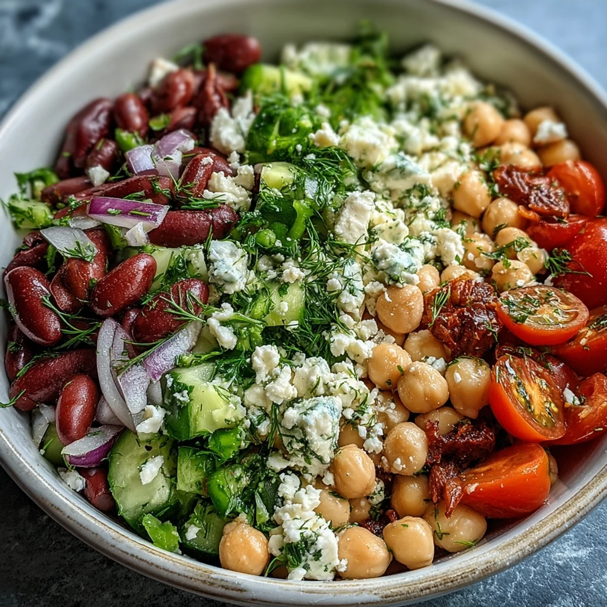 Vibrant Greek Bean Salad tossed with crisp cucumber, sweet tomatoes, briny olives, and creamy feta, perfect for potlucks.