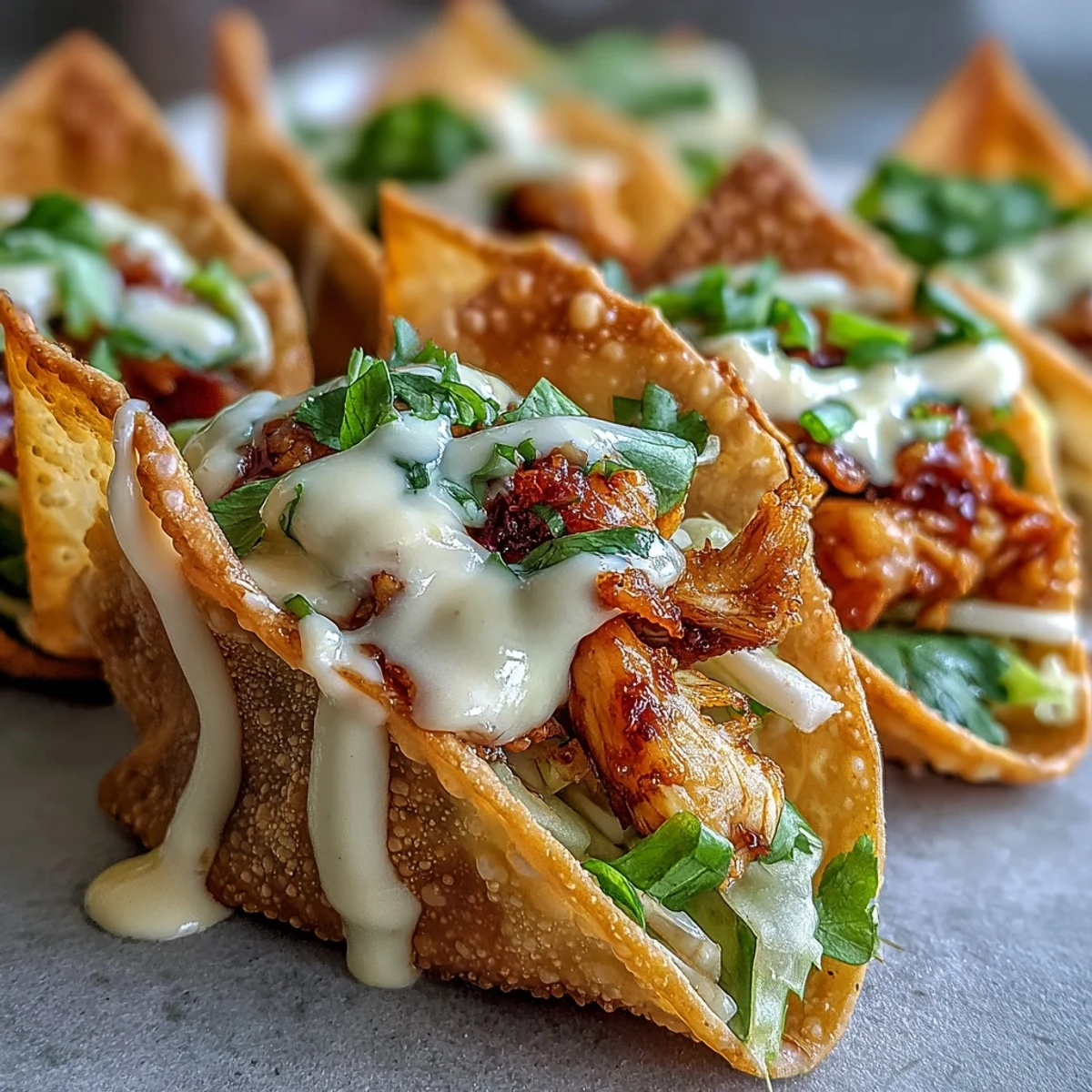 Golden crispy wonton taco shells filled with ginger-marinated chicken, tangy slaw, and drizzled with creamy sriracha mayo.