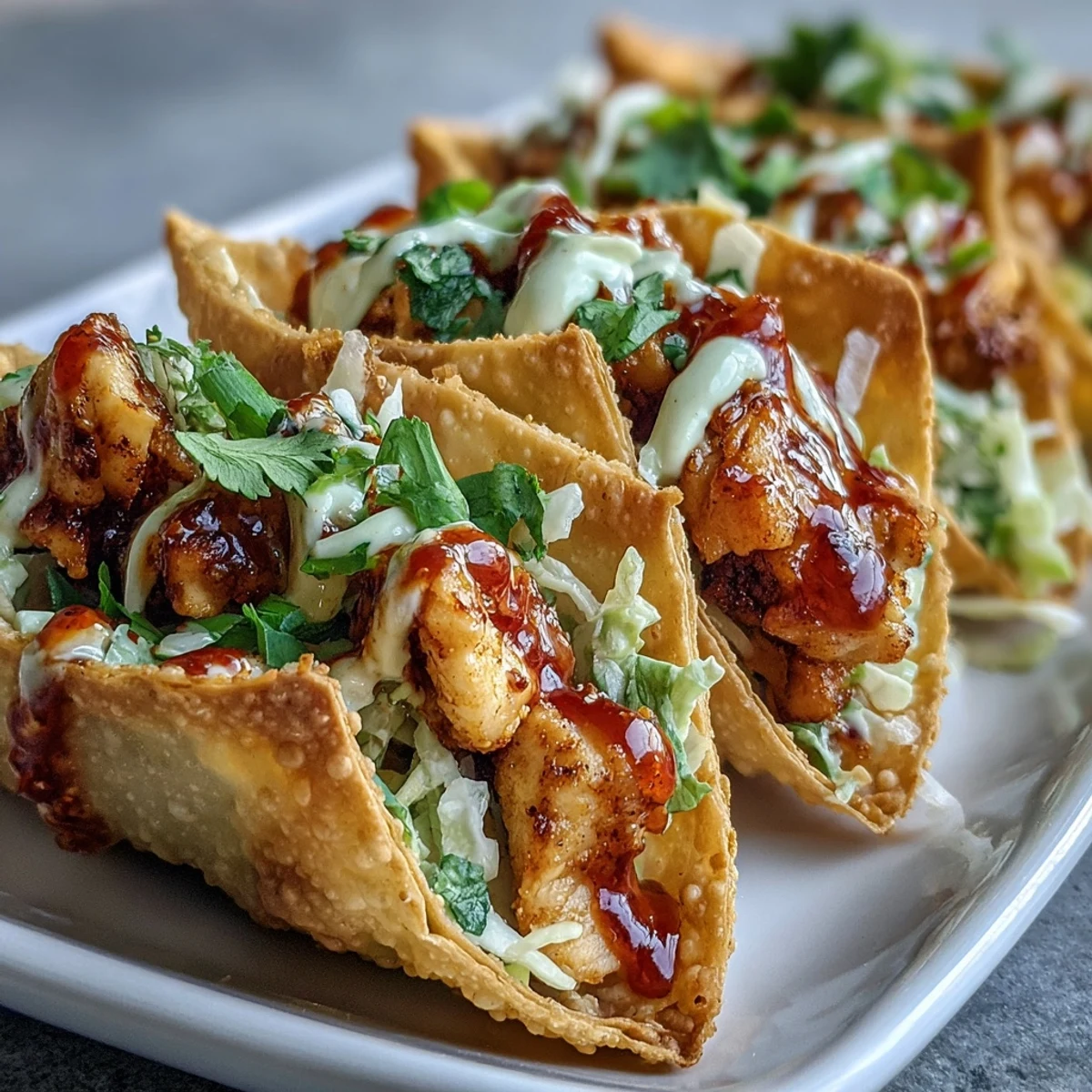 Twelve homemade Crispy Chicken Wonton Tacos garnished with fresh cilantro and lime wedges on a rustic dinner table.