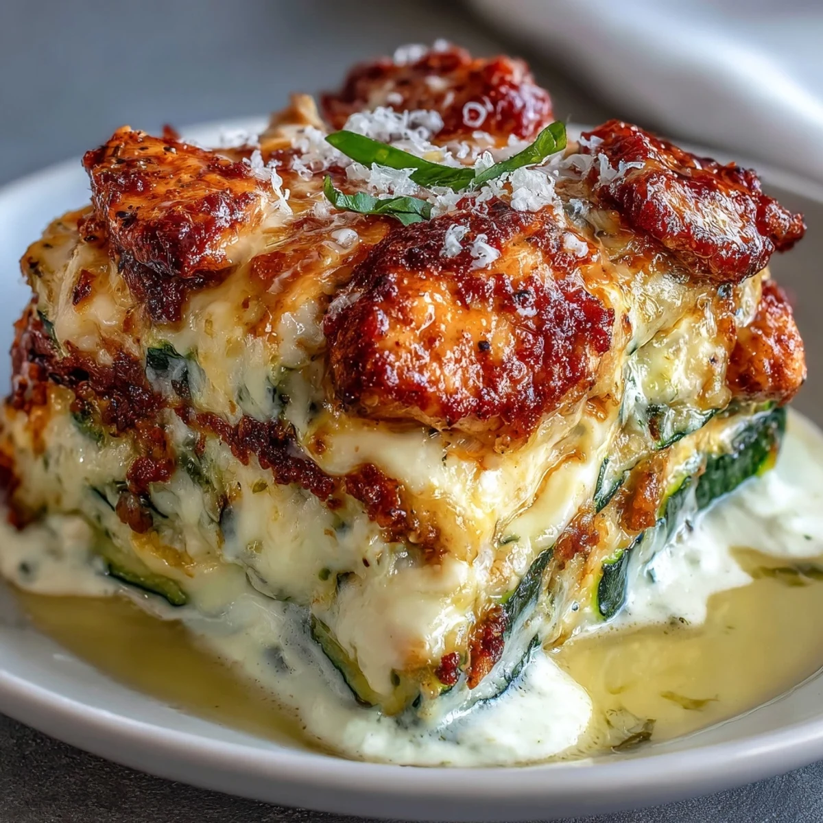 Close-up view of a hearty slice of High Protein Chicken Zucchini Bake on a white plate, highlighting the tender chicken, vibrant green zucchini, and melted cheese, perfect for a healthy low-carb meal.