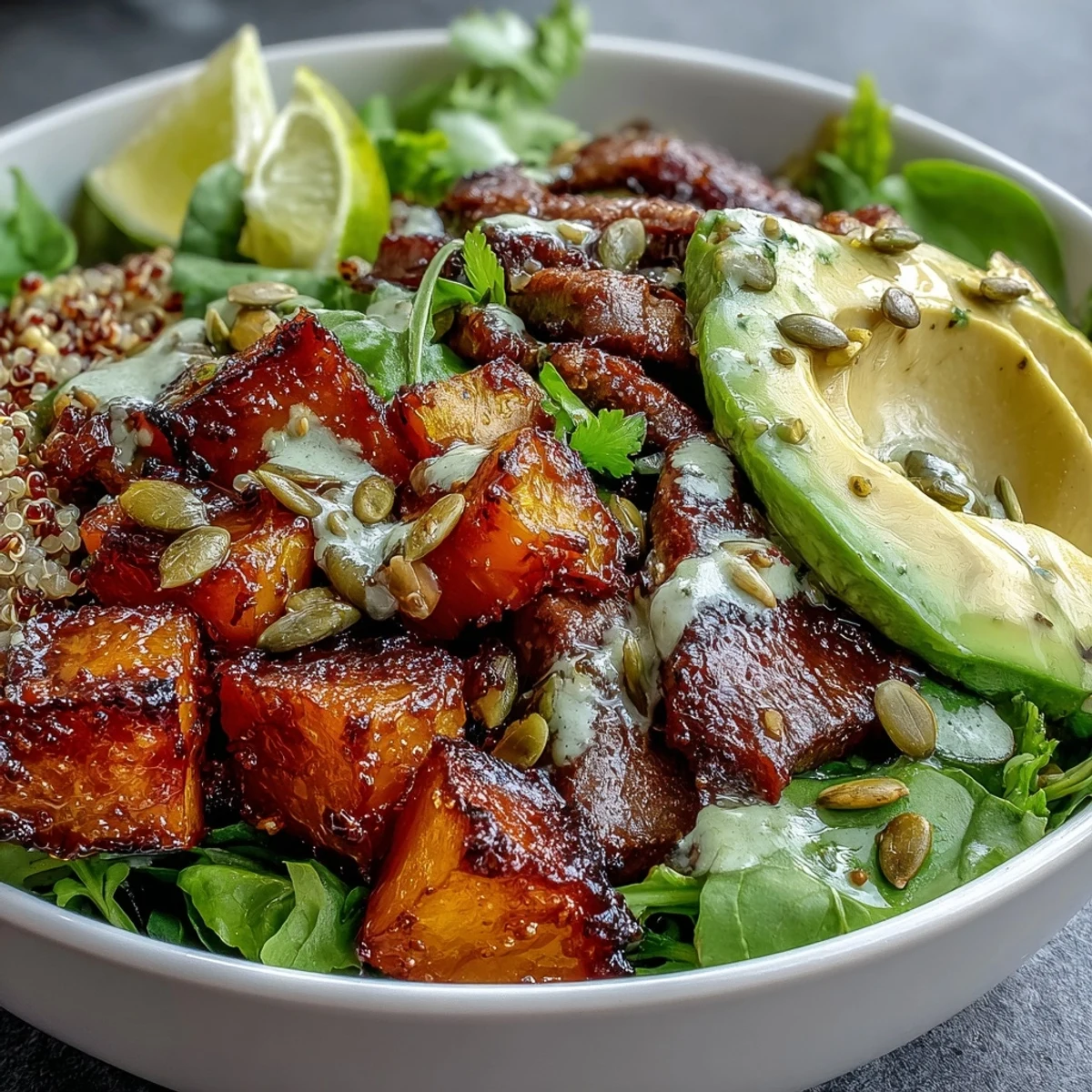 Golden roasted butternut squash steak bowls are plated over fluffy quinoa and greens, topped with creamy avocado and vibrant red onion.