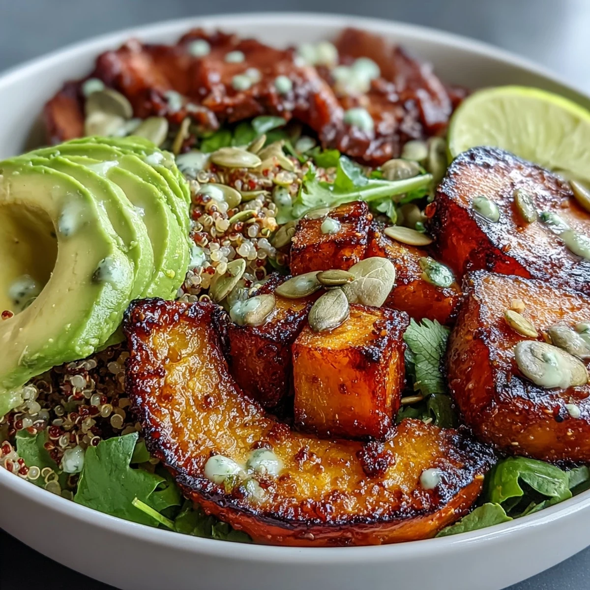 A close-up of butternut squash steak bowls features juicy steak slices, crisp pepitas, and a drizzle of bright lime-cilantro dressing.