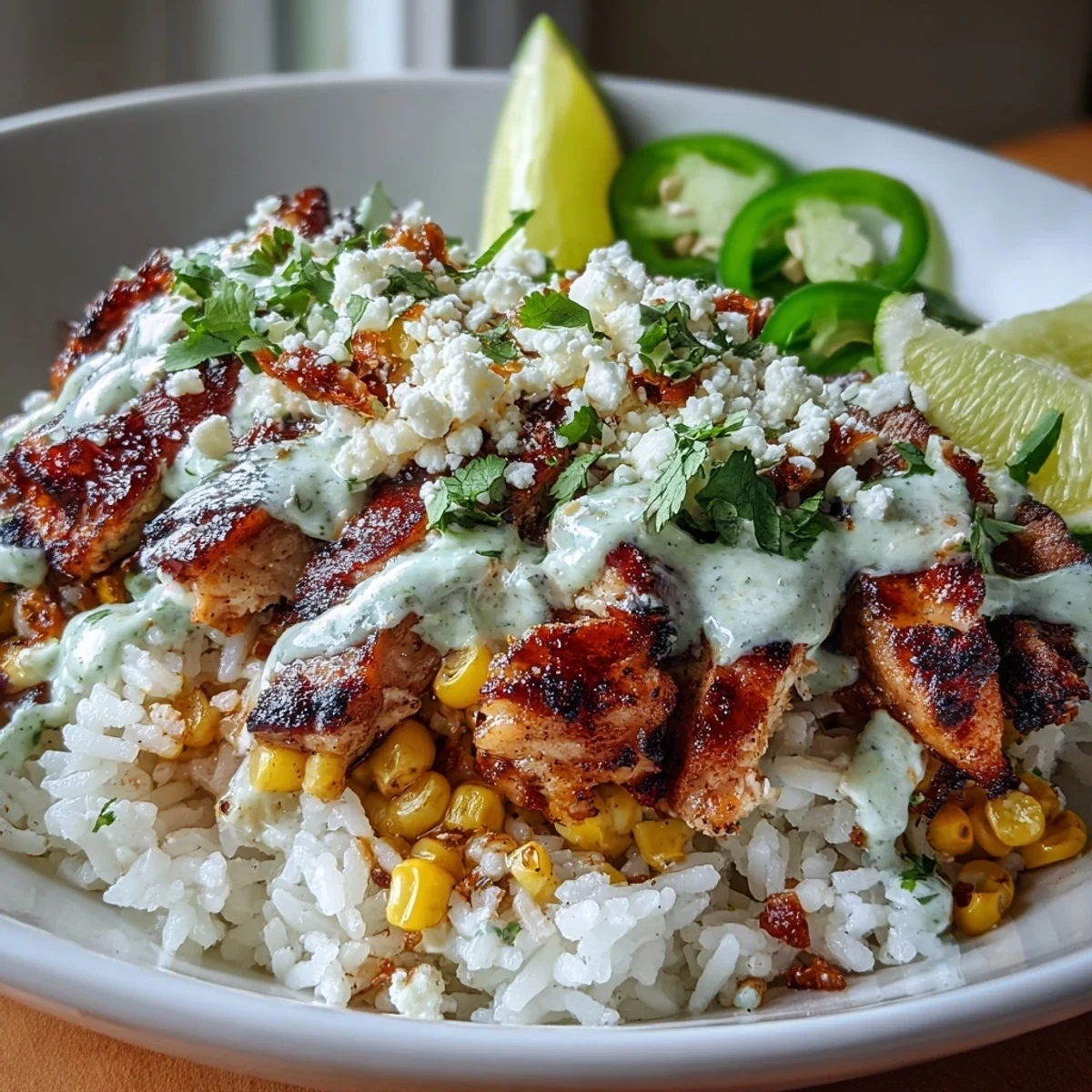 Sizzling citrus-marinated chicken thighs rest beside fluffy rice and charred corn in a Street Corn Chicken and Rice Bowl, finished with creamy crema.