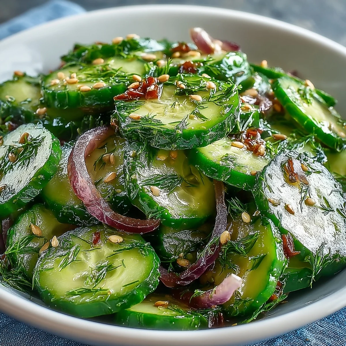 Enjoy a gluten-free Refreshing Crunchy Cucumber Salad featuring crisp cucumbers, red onion, and cherry tomatoes tossed in a sweet-tangy vinaigrette.
